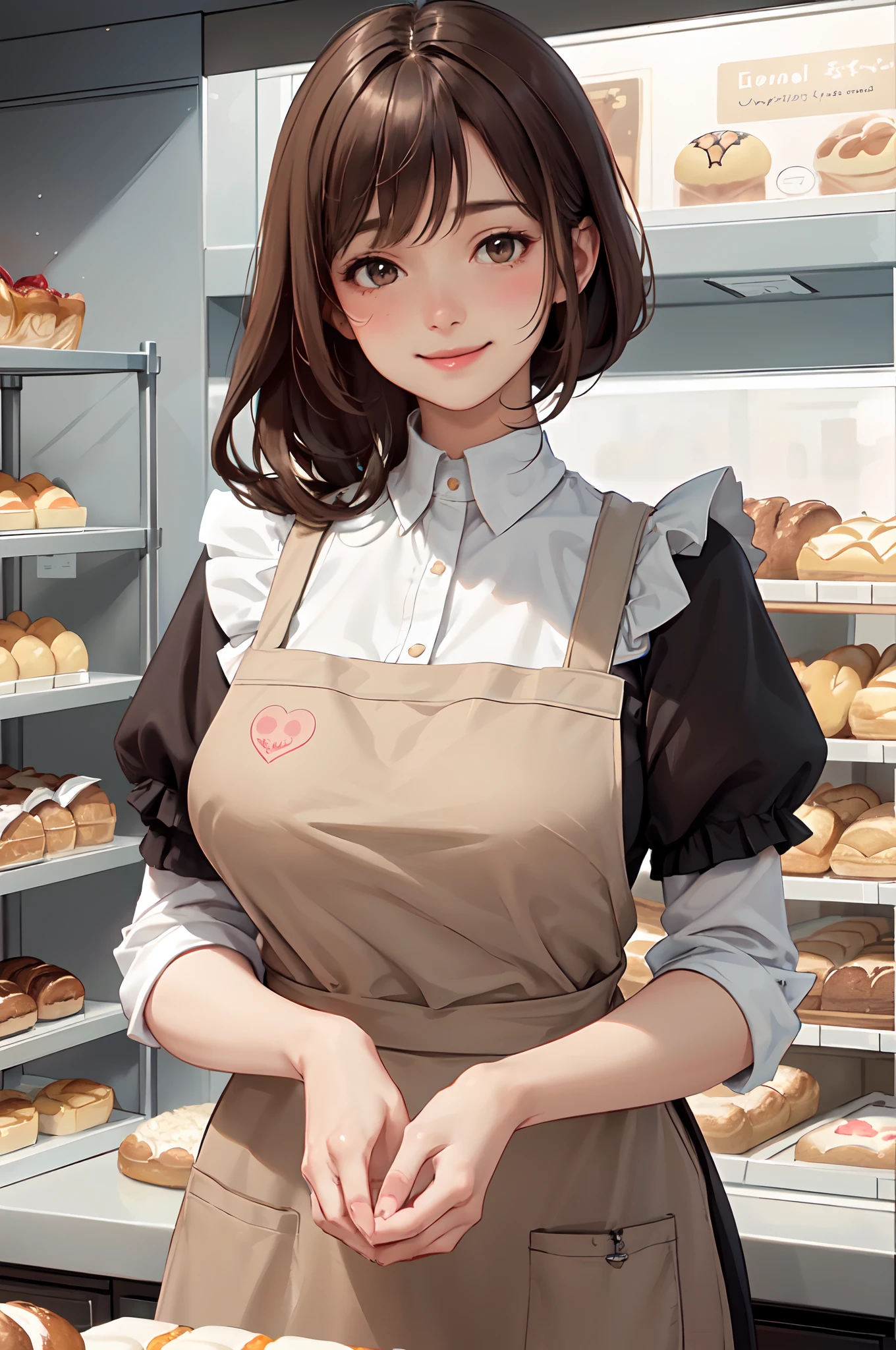 1lady solo, /(staff uniform/) /(brown apron/), /(brown hair/) bangs, blush kind smile, (masterpiece best quality:1.2) delicate illustration ultra-detailed, large breasts BREAST /(bakery shop/)
