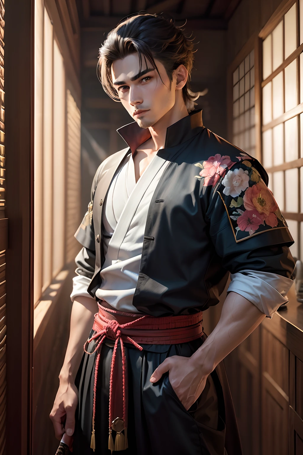 (um homem jovem de 20 anos, samurai com cabelos longos e loiros, olhos castanhos e uma katana) estilo desleixado e juvenil, masculino, menino, homem, roupas medievais escuras, Day lighting, inverno, alta qualidade, soft-lighting, flores de cerejeira caindo ao redor, vila japonesa, estilo aquarela