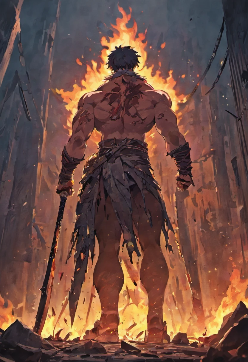 best quality, ultra-detailed, photorealistic, dark and gritty, oil painting, destroyed buildings, post-apocalyptic, bloodstains, smoky atmosphere, fiery sky, high contrast, vivid colors, intense lighting, dramatic shadows, muscular physique, menacing expression, tattered clothing, towering figure, roaring flames, decaying surroundings. Red Skin only, No green skin, destroyed village background, goliath barbarian with a great axe, battle scars and raging with a menacing stare,