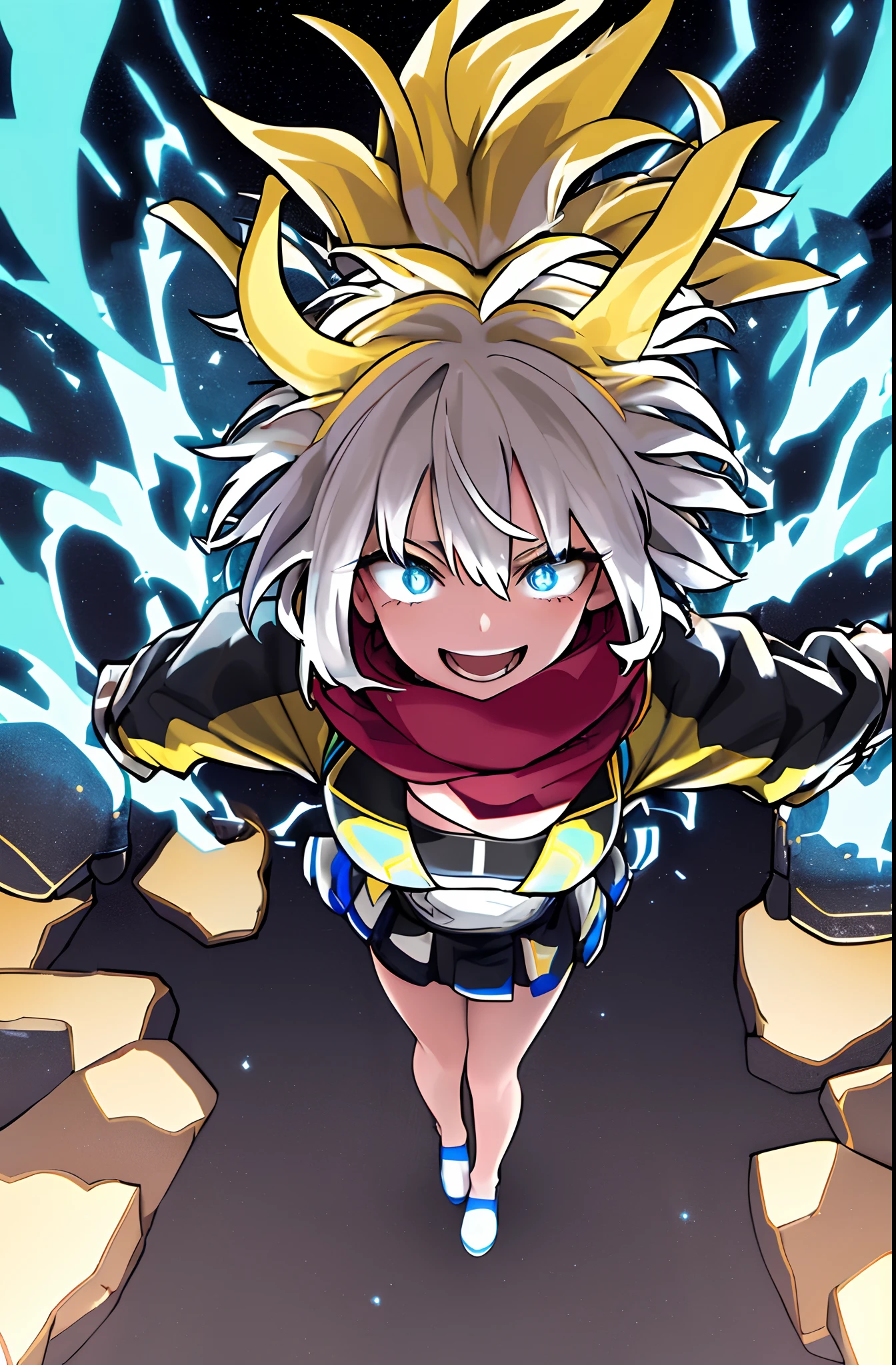 horikoshi kouhei, ((masterpiece, best quality)), (1girl), (solo), (female focus), (ahoge, white messy hair, short hair), blue neon eyes, light smile, open mouth , galaxy , glitter , particle , wearing yellow hoodie , Black Roses on the ground, with a sad face , wearing a red scarf , arms behind back, dynamic angle