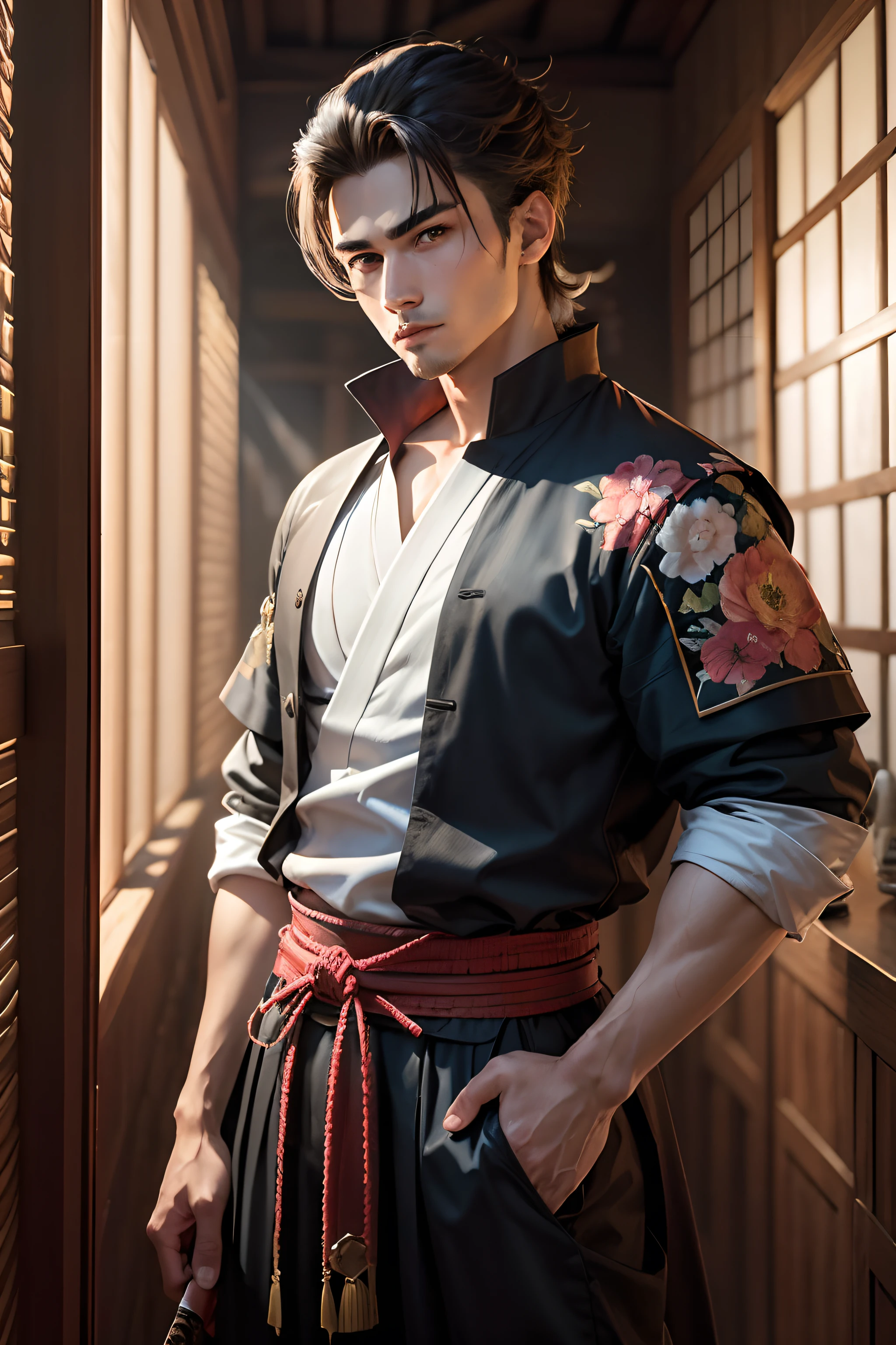 (um homem jovem de 20 anos, samurai com cabelos longos e loiros, olhos castanhos e uma katana) estilo desleixado e juvenil, masculino, , homem, roupas medievais escuras, Day lighting, inverno, alta qualidade, soft-lighting, flores de cerejeira caindo ao redor, vila japonesa, estilo aquarela