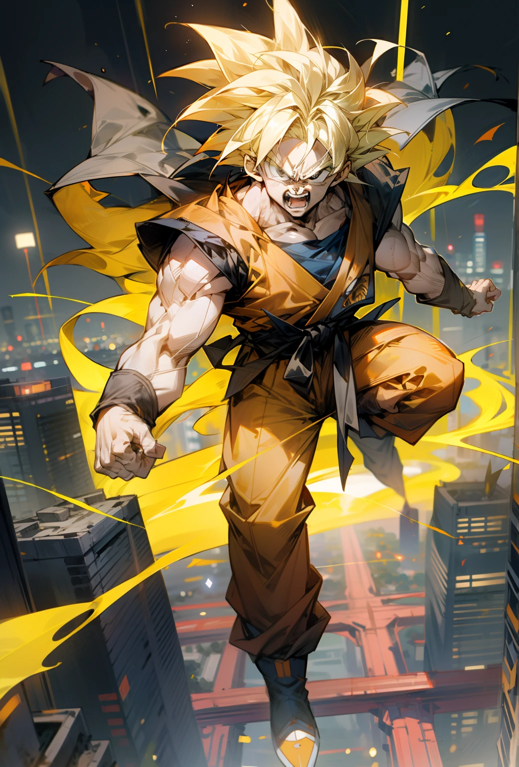masterpiece, best quality, 1boy, (goku), short hair, yellow hair, black eyes, blue boots, orange clothes, training, standing, smiling, angry face, aura power, night, natural light, flying, angry eyes, smiling, yellow hair, male focus, strong muscles, movie composition, flying, bokeh, (futuristic), (full body), city view, flying above the city, scary look, godly strenght, he goes super saiyan, yellow emergy around him, screaming, super angry