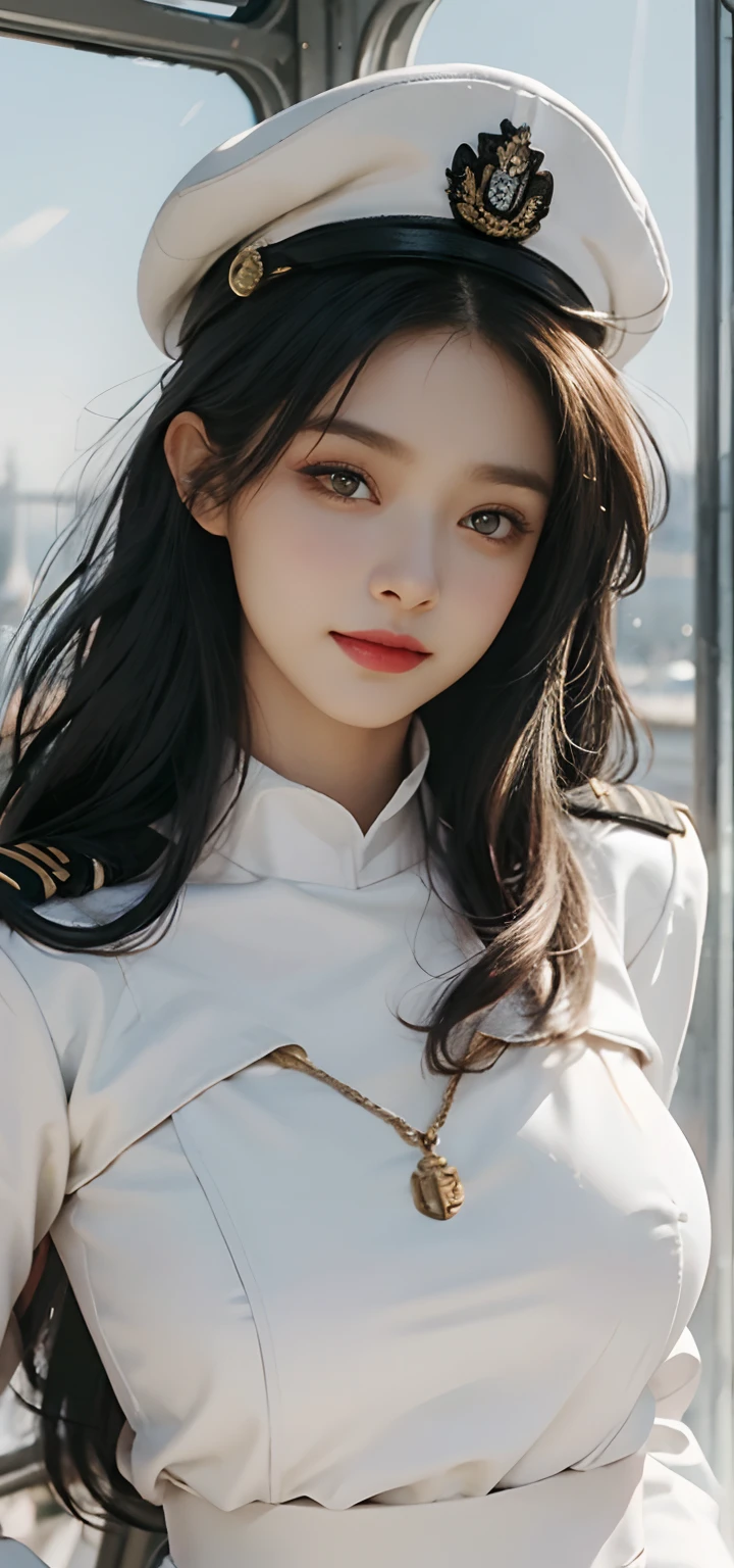 girl with， quality， top-quality， big breasts beautiful， prette， The sheen，On a warship， tmasterpiece，White Navy Uniform， Long Black Hair，With military cap，Eyes are sharp and affectionate，A sweet smile，battle posture，（（（full armor：1.8））），white colors，（（（facial detailing：1.2）））Bigchest，big breasts thin waist，long legged，bared  chest，bare lower body，Camel toes