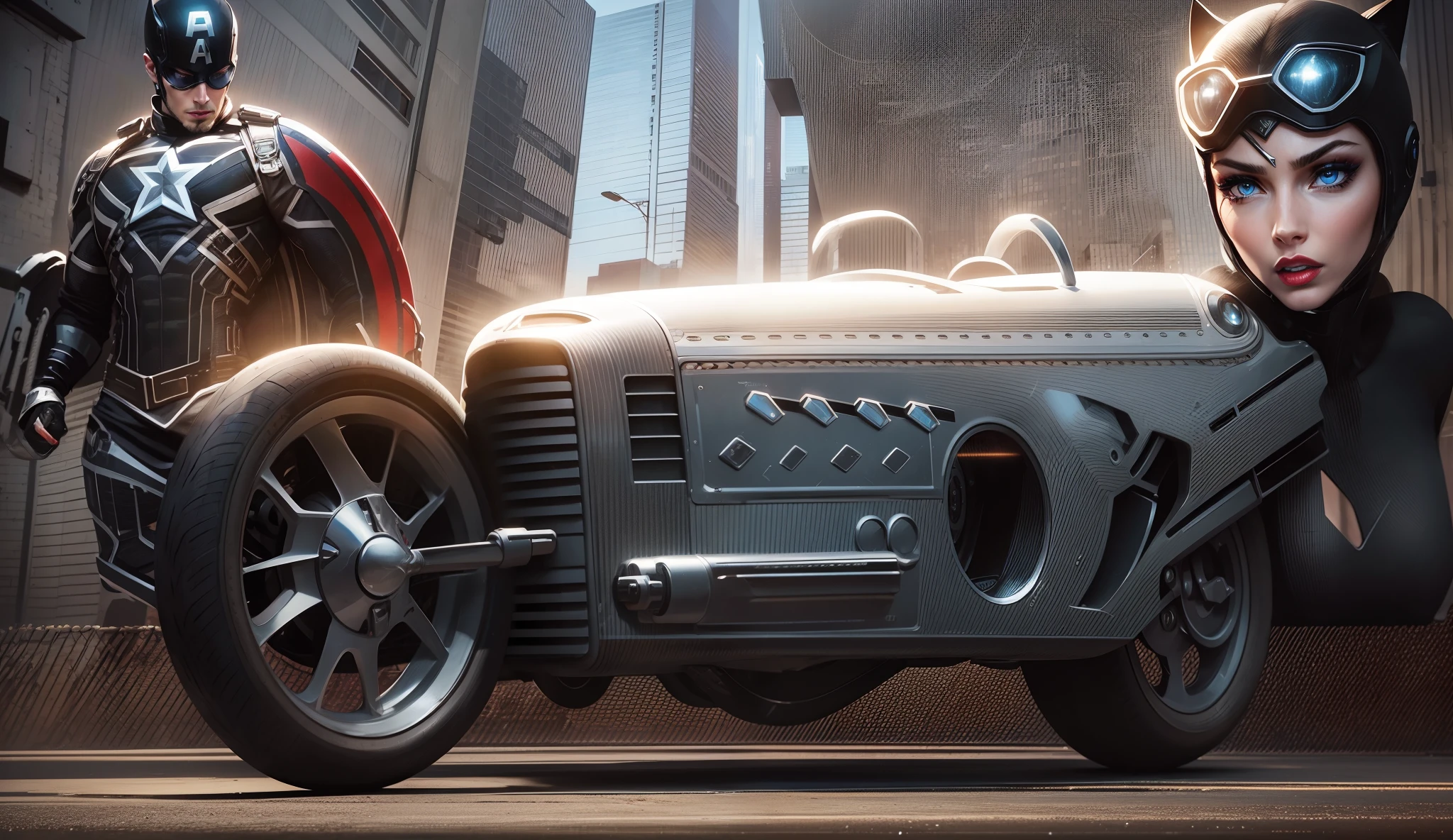 A shiny black futuristic motorcycle with apparent technological gadgets, Behind it appears Captain America with the shield and catwoman on the other side with an expression of surprise with blue eyes and red lipstick on his lips and in the background New York with lights on at sunset