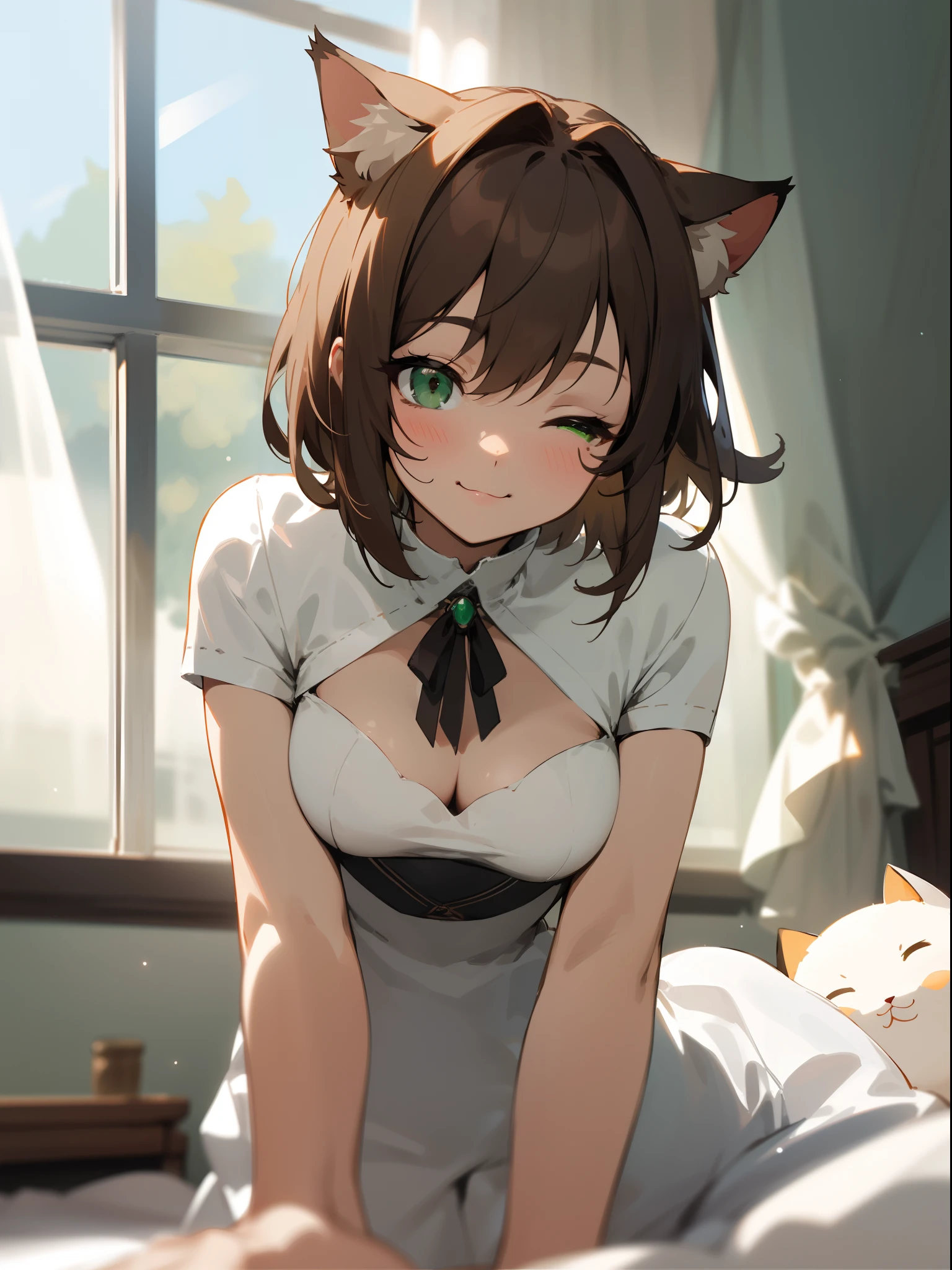 (Best Quality, masutepiece:1.2), Backlit lighting, highly detailed back ground, Pure white, Animal ears, 1 sensual girl, Fox ears, peek through bangs, Red Eyes, Hair color, Twin pigtails, animal ear fluff, Brown hair, Hair Accessories, appreciative audience, Blushing, (Very large breasts), there was a confused look on his face, Look at your chest, empty hands, in the room, lying on the bed