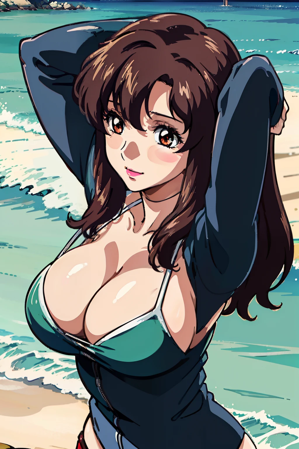(masterpiec, best quality, anime screencap:1.5, HD, 8k, photorealistic), bangs, brown_hair, long_hair, red eyes, lipstick, makeup, blush, arge breast, cleavage, bikini, arms up behind, upper body, (perfect anatomy, perfect detailed, shiny skin, beautiful hair, beautiful face, beautiful eyes, beautiful breast), (thick outline, black outline), sunshine, beach,