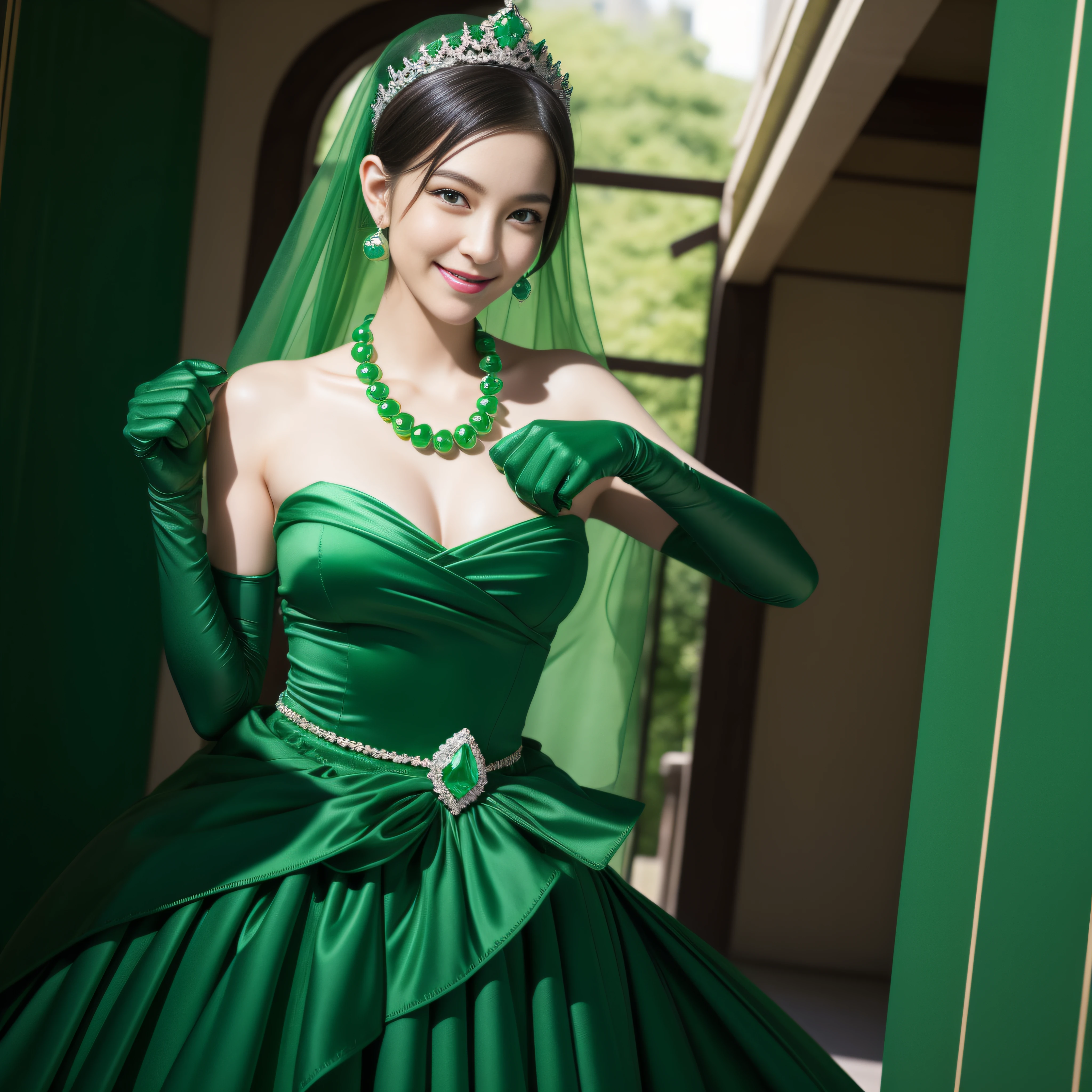 emerald tiara, Green Pearl Necklace, Boyish very short green hair, lipsticks, Japan woman smiling, very short short hair, fist, big breasts beautiful, Green eyes, Long green gloves made of satin material, Green eyes, Emerald Earrings