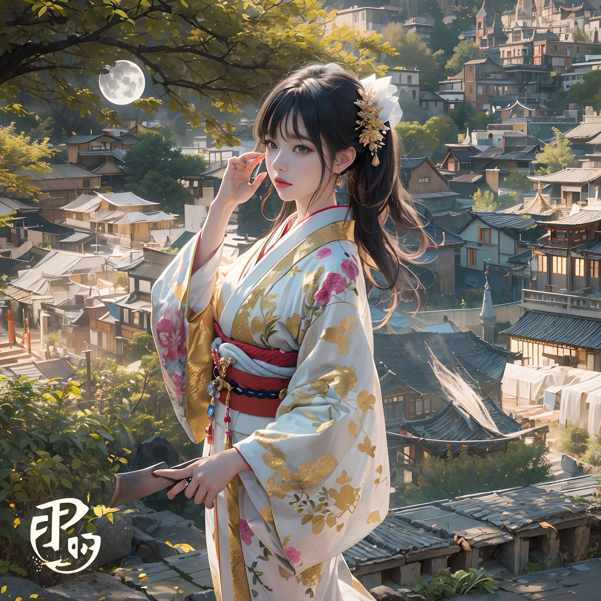 watching at viewers、Background with((ancient city:1.2)And the moon、(dense background:1.5))、BREAK {{{Luxury kimono(Colorful kimono(Detailed golden embroidery,))}}}、face perfect,Depict a beautiful and graceful woman of Japan,poneyTail、Woman with shiny black hair、perfect hand,Heart in the eye。odd eye,full body Esbian,Blur the background with a sickle,((masutepiece)), ((Best Quality))Wallpapers 16K, .Blur the background with a sickle,BREAK,((masutepiece)), ((Best Quality)),epicd(Lige Fries Photography、sony a7、50 millimeters、pores:1.5、Farbe、ultra-detailliert:1.5、film grains:1.4、hyper realisitic:1.5)、octan render、 ultra realistic lifelike textures、masterpiece、unrealengine5、the Extremely Detailed CG Unity 8K Wallpapers、Madly detailed photo、Ultra-realistic light、(Pulitzer Prize for Best Photography、Taylor Wessing Award for Best Photography)