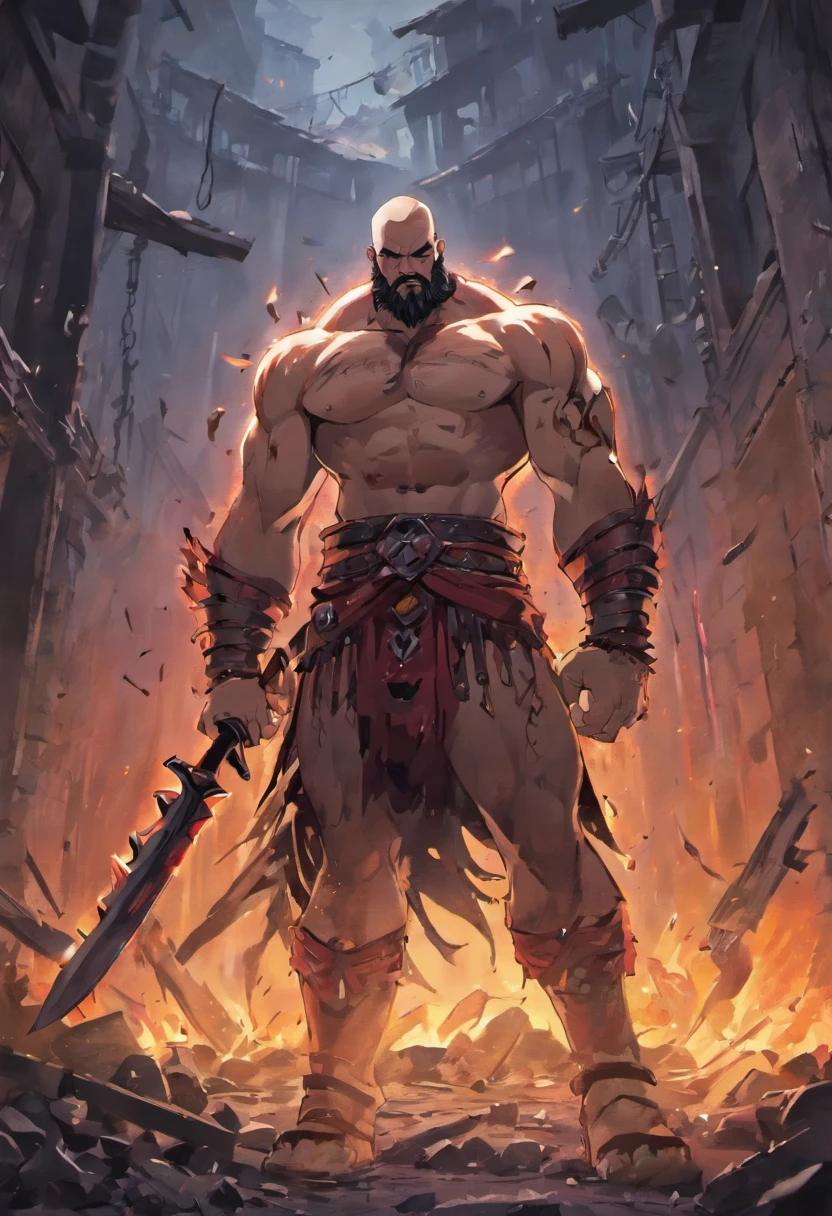 best quality, ultra-detailed, photorealistic, dark and gritty, oil painting, destroyed buildings, post-apocalyptic, bloodstains, smoky atmosphere, fiery sky, high contrast, vivid colors, intense lighting, dramatic shadows, muscular physique, menacing expression, tattered clothing, towering figure, roaring flames, decaying surroundings. Red Skin, hulking frame, destroyed village background, goliath barbarian with a great axe, battle scars and raging with a menacing stare, bald, bearded
