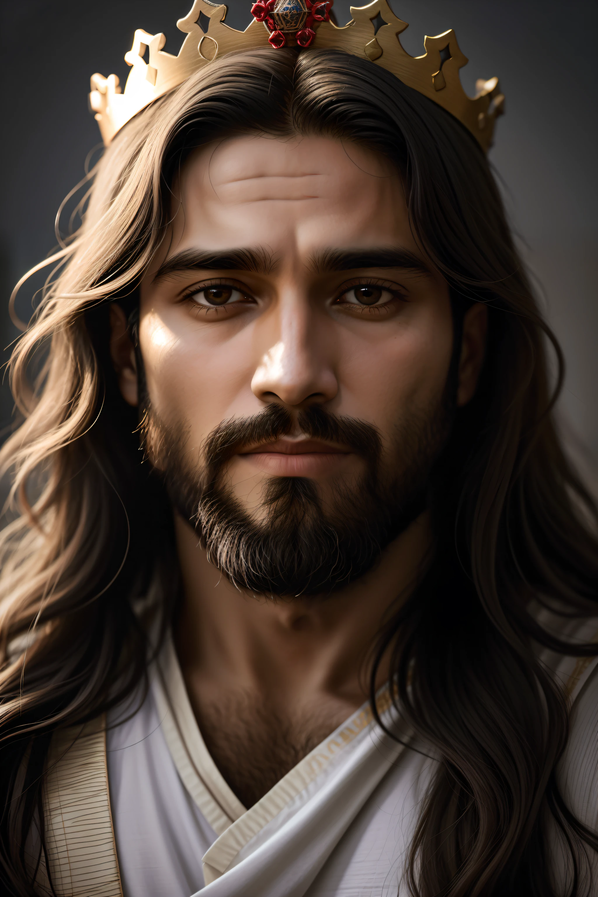 castelo, velho, Rei Velho, cria um retrato realista de Jesus, representando-o como um homem simples e humilde. Highlight the calm and compassionate expression on your face, com olhos serenos e um sorriso suave. Be sure to faithfully portray Jesus' facial features, como sua barba e cabelos compridos. Add a crown of thorns on the head, enfatizando o aspecto doloroso, but without exaggerating the violence. colocar cabelos grisalhos no cabelo, Um Velho. Use soft lighting to emphasize the aura of kindness and peace around you. The main focus should be to convey the message of love and compassion that Jesus represents....... Por favor, Avoid any offensive or disrespectful representations. The goal is to create a reverent and inspiring image that captures the essence of Jesus as a simple man and the Savior of mankind......."