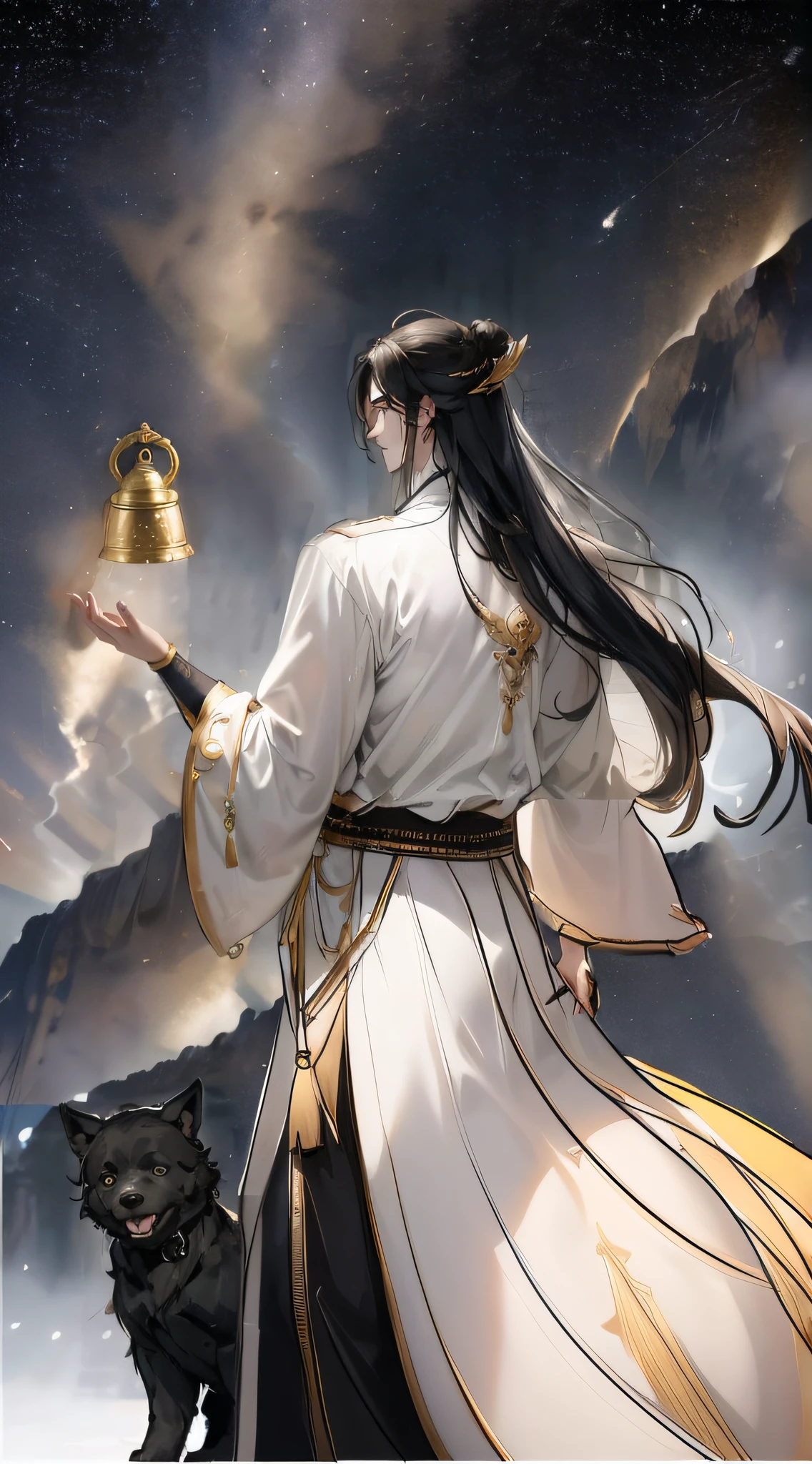 The back of a man with long hair，Plain white tunic，Light gold pattern，brunette color hair，A small clock is suspended in hand，There is a black dog below