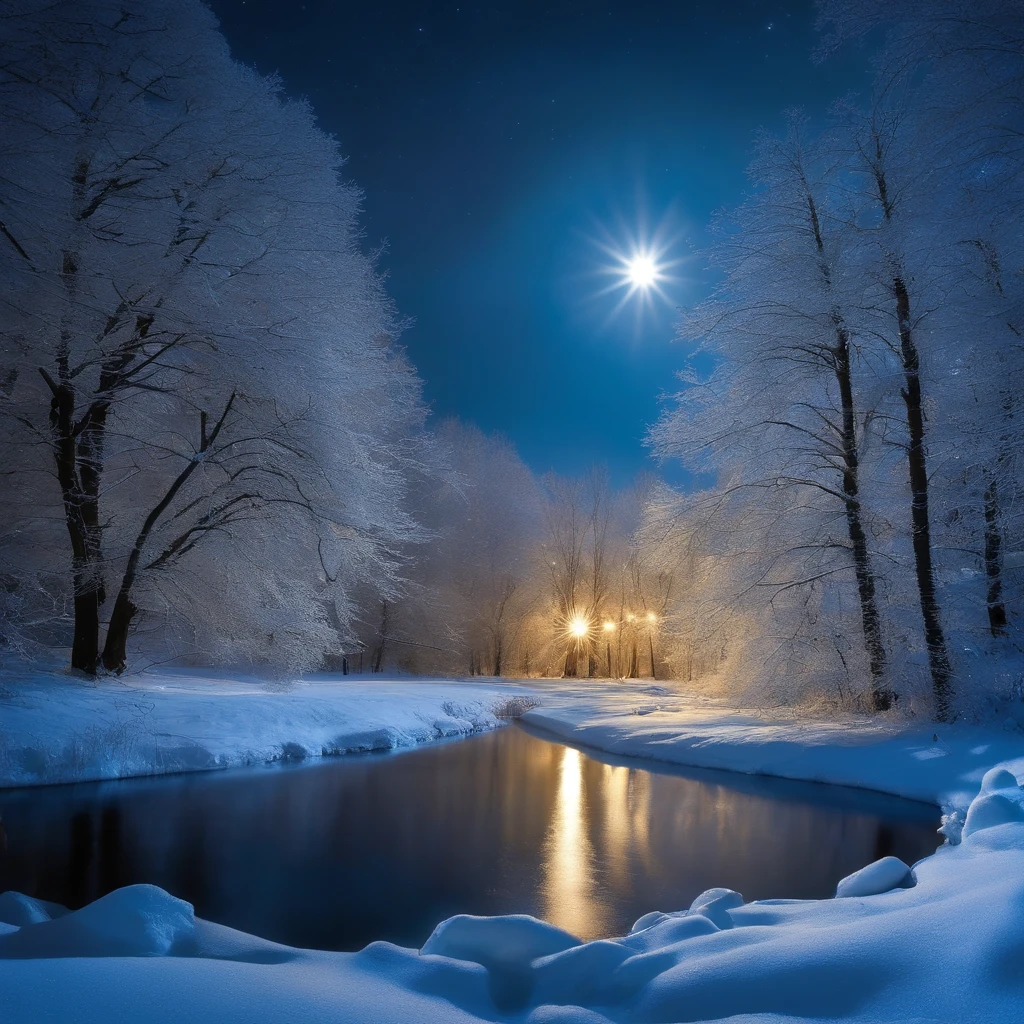 Winter Wonderland Under the Moonlight:
The world bathed in the soft, ethereal light of the moon, casting long shadows and creating a serene, enchanting ambiance.