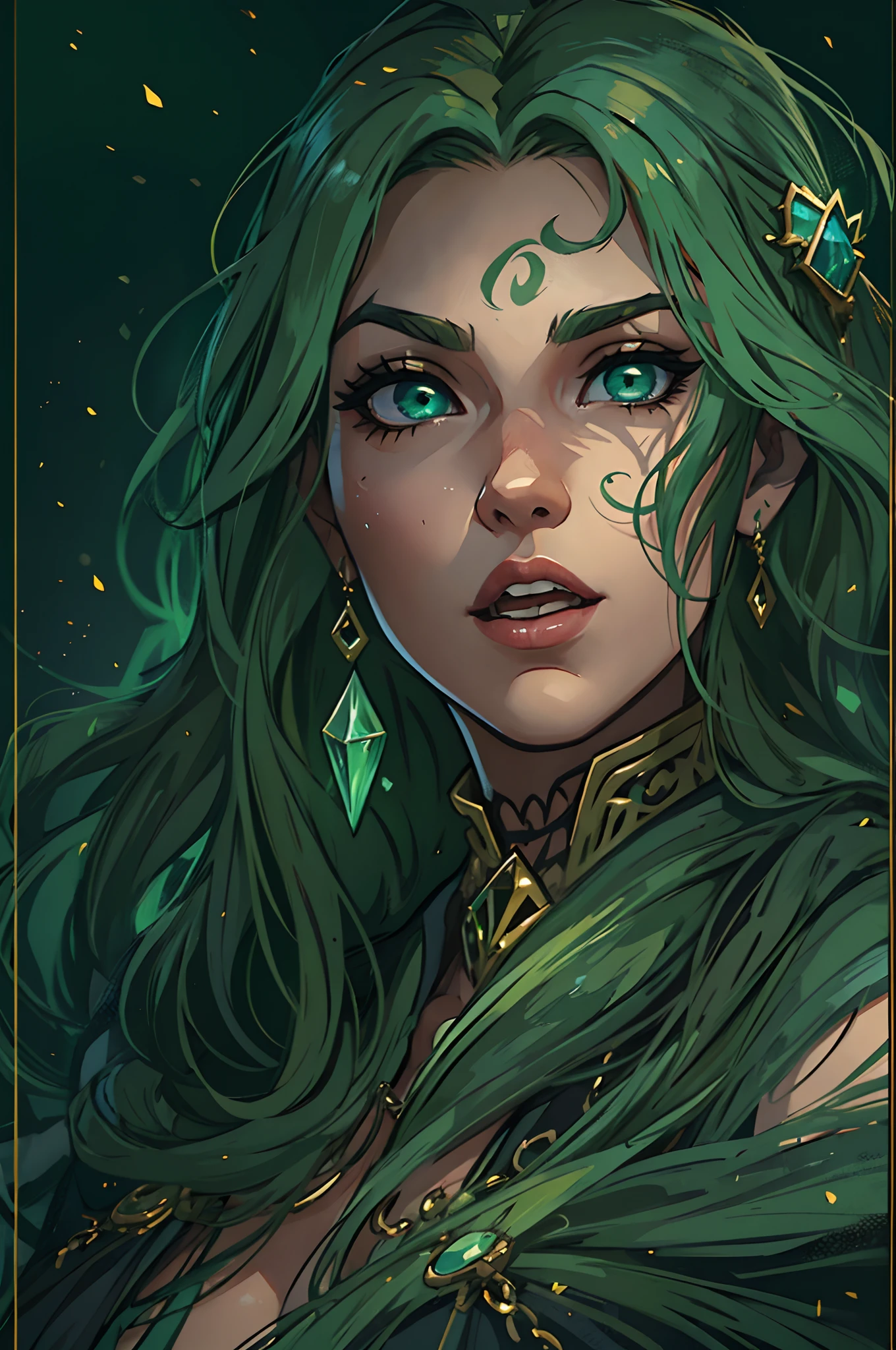 Uma bela mulher com olhos verdes e cabelos castanhos longo, She is an elemental sorceress with a sexy green look. Female villain expression. Um fundo cheio de parede de madeira Uma arte para um RPG Uma arte medieval para RPG