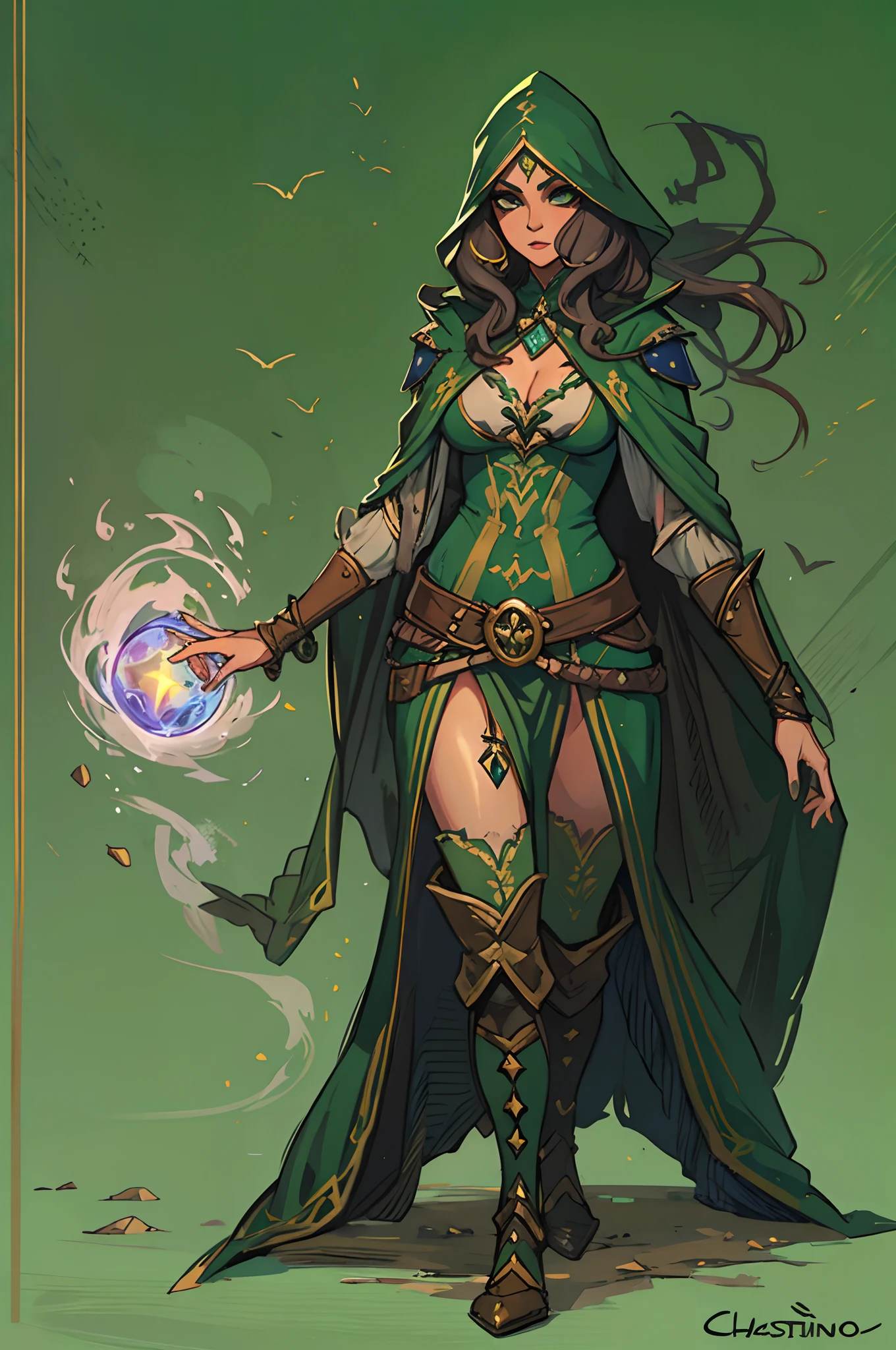 Uma bela mulher com olhos verdes e cabelos castanhos longo, She is an elemental sorceress with a sexy green look. Female villain expression. Um fundo cheio de parede de madeira Uma arte para um RPG Uma arte medieval para RPG
