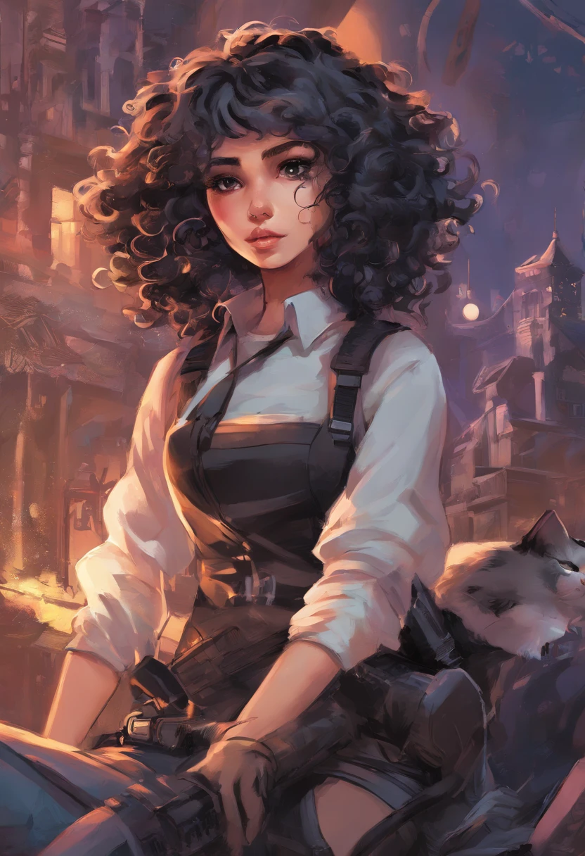 a young girl with curly, short to medium hair, who is an avid lover of art, cats, the color black, artwork should also incorporate her passion for playing shooter games, make sure to emphasize her cute and playful personality in the artwork