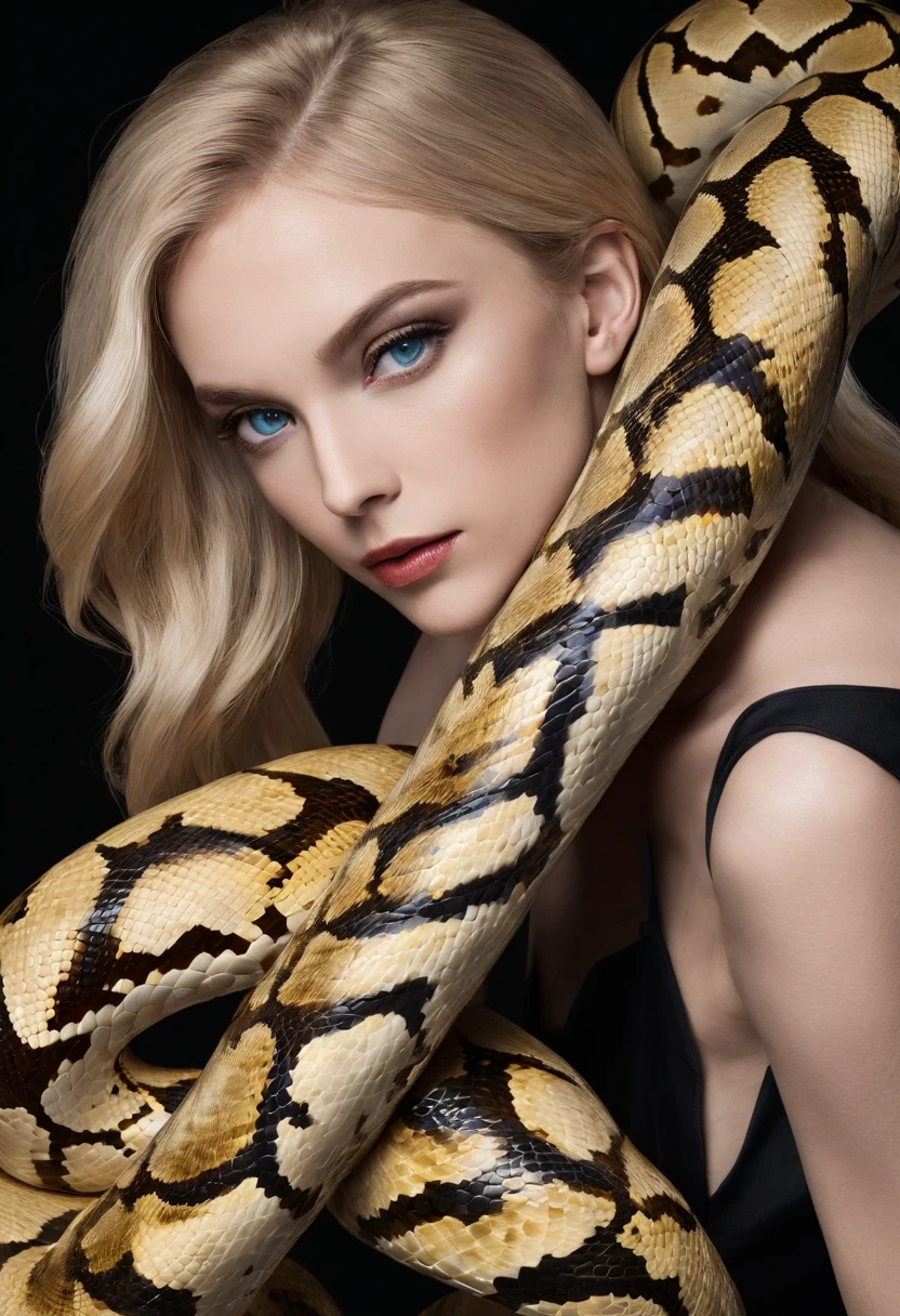 Woman and python，HD 4K，white skinned，golden hair，blue color eyes，The python is the golden python，Pure black background