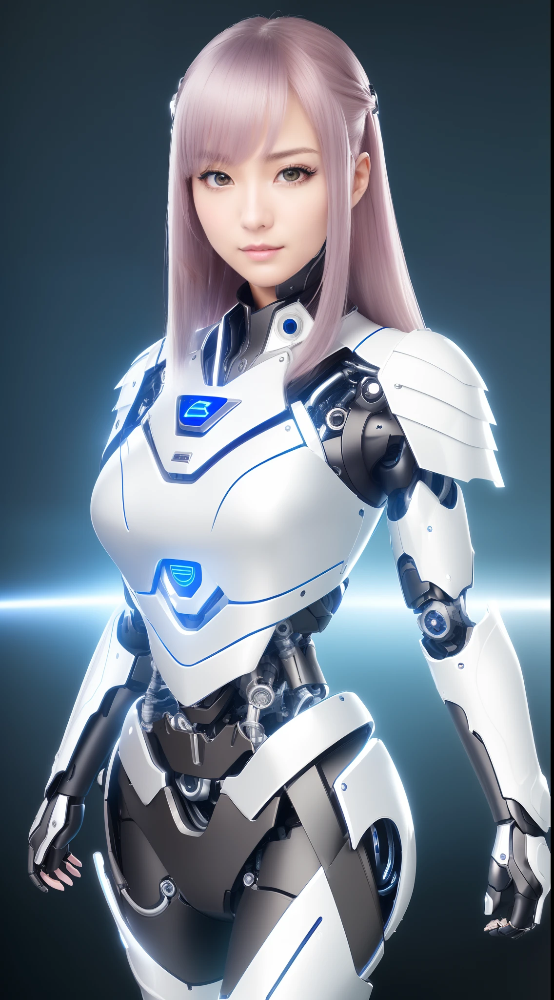 ((masutepiece)), ((top-quality), high quarity、ultra-definition, Realistic, (Ultra-fine face)、fulcolor 、scientific fiction、One beautiful robot police woman、(Mechanical joints:1.1)、Parts of the machine、Thick wire joints、White porcelain mechanical armor、(Curvaceous face)、deadpan、Normal mouth、pink straight hair、((Electronic substrate))、Take photos from head to knee