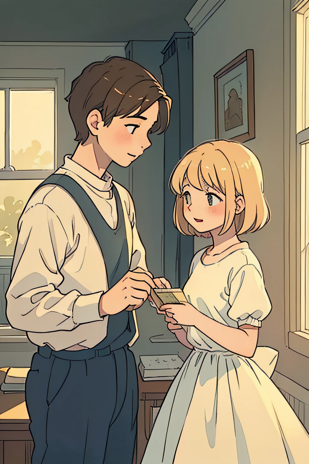 boy meets girl,diary book,old vintage texture,hand-painted illustrations,charming expressions,love at first sight,filled with emotions,soft color palette,dream-like atmosphere,gentle sunlight streaming through the window,warm golden glow,subtle shadows and highlights,melting hearts