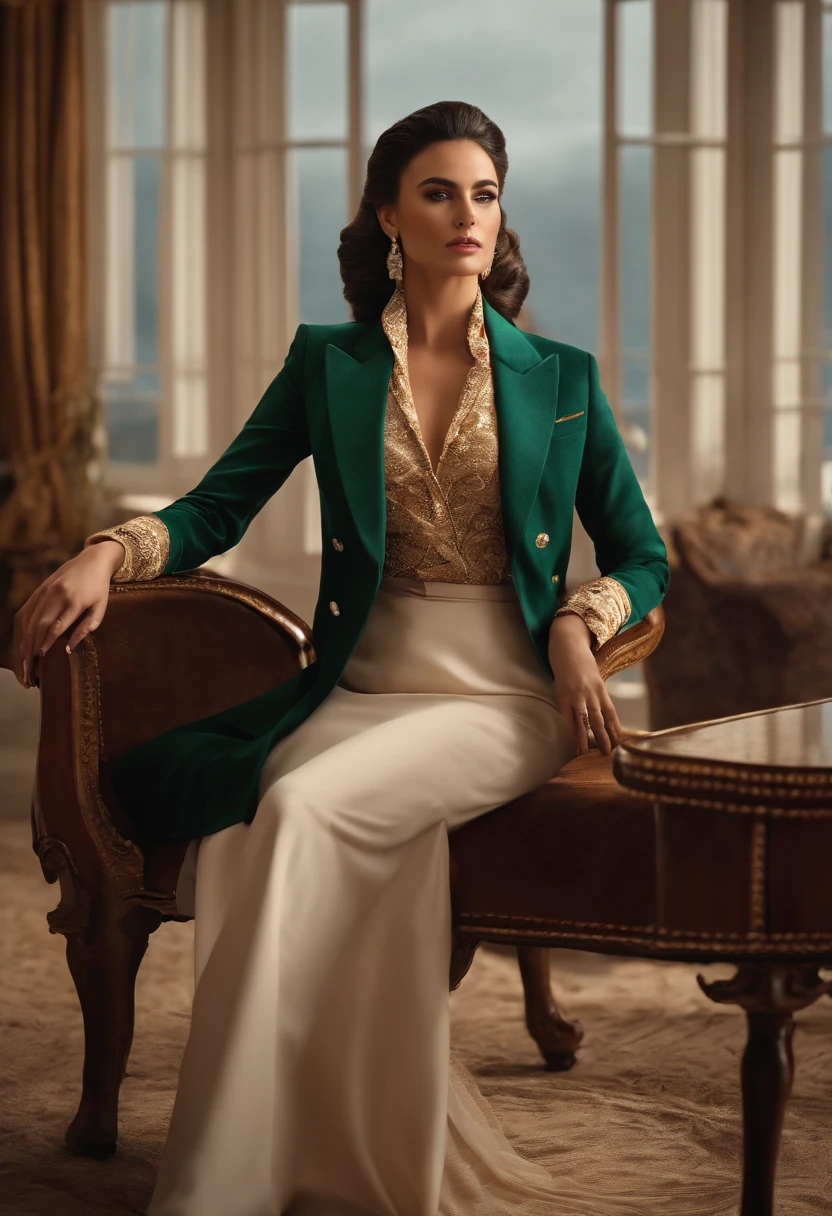 The character sits in a chair，Arm Raised, Dark hair (The neck-length hair was tied into a horse bun), pretty pose, Stunning beauty, Pretty face, royal elegant pose, merchant, (In a striped blazer), (Luxurious and classic living room in the surrounding environment) (Sand-tone image)