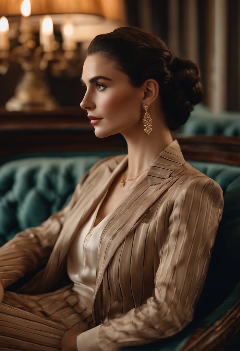 The character sits in a chair,Arm Raised, Dark hair (The neck-length hair was tied into a horse bun), pretty pose, Stunning beauty, Pretty face, royal elegant pose, merchant, (In a striped blazer), (Luxurious and classic living room in the surrounding environment) (Sand-tone image)