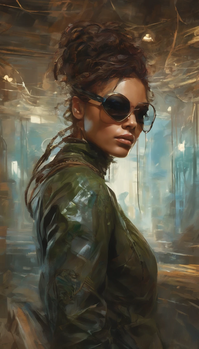 Perfect centralization, Uma pessoa bonita por toda parte, olhos grandes bonitos, estilo cyberpunk, retrato, wearing goggles, Standing position, beleza abstrata, Centrado, looking at the camera, Facing the camera, nearing perfection, Dynamic, luar, altamente detalhado, pintura digital, art stations, Conceito-Arte, liso, foco nítido, 8k, high-definition resolution, illustration, arte de Carne Griffiths e Wadim Kashin,