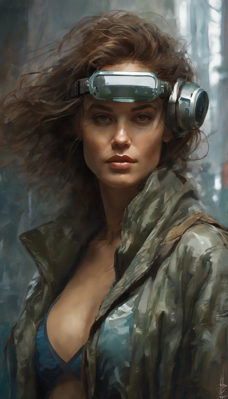 Perfect centralization, Uma pessoa bonita por toda parte, olhos grandes bonitos, estilo cyberpunk, retrato, wearing goggles, Standing position, beleza abstrata, Centrado, looking at the camera, Facing the camera, nearing perfection, Dynamic, luar, altamente detalhado, pintura digital, art stations, Conceito-Arte, liso, foco nítido, 8k, high-definition resolution, illustration, arte de Carne Griffiths e Wadim Kashin,
