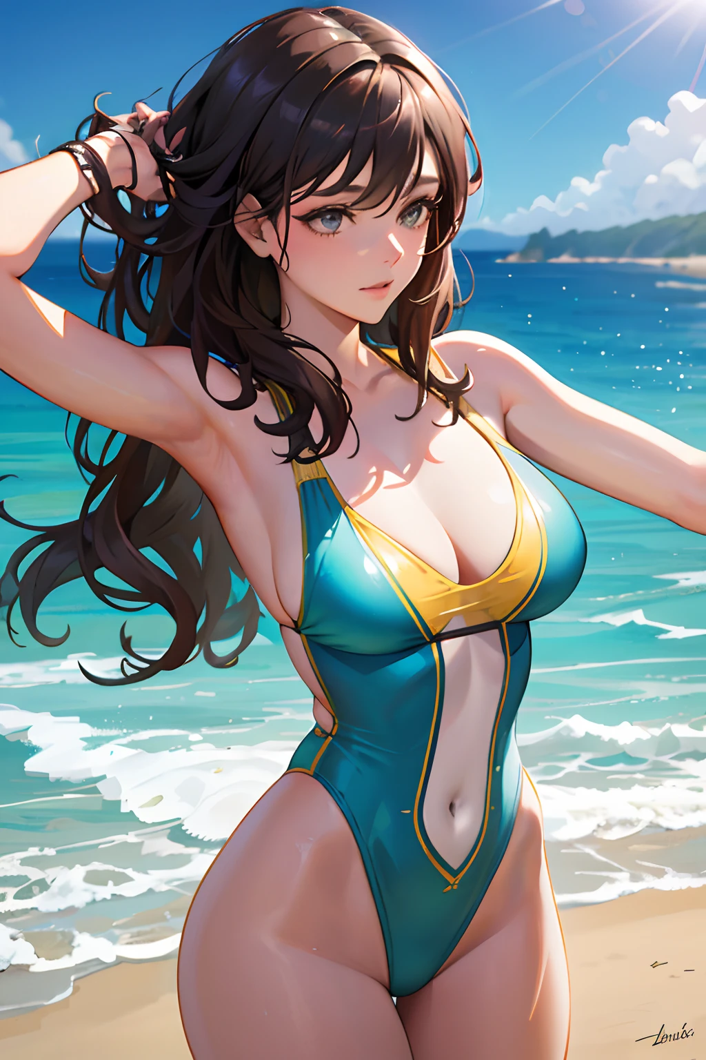 (Detailed and realistic), A beautiful girl wearing a tight swimsuit, sensual and seductive, gros seins, at the beach with the warm sun shining, Focus sur les courbes et le mouvement, pieds sablonneux, salty air, sea waves crashing into the distance, Dynamic light and shadows.