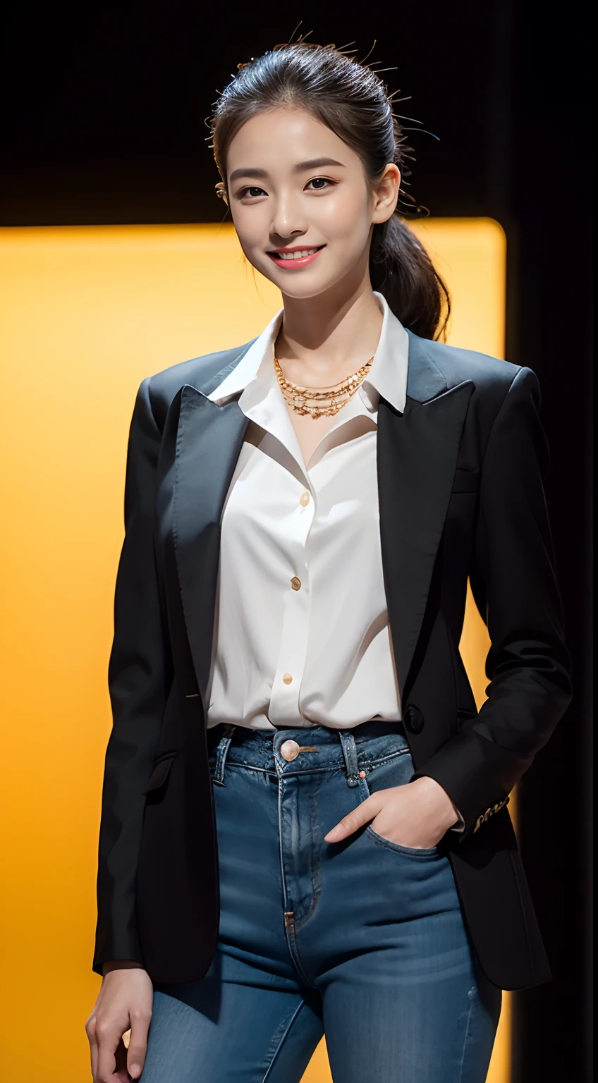 （8K分辨率，Full-body photos），（1womanl，age 22，（（rosto magro，Flushed face，delicated face，详细的脸），Slightly squinted eyes，Seductive smile，（Single ponytail，Long hair micro-curls）），Fair smooth skin，（Best Skin Type：1.21），busty figure，（（Bespoke slim suit，White shirt，No underwear，denim pant，Leather boots（High-grade materials，knitting，real silk，leathers），Thin band，Metal necklace，jewely），Tall and tall，（dancing posture，Naturally placed hands），delicate artwork，perfect hand，Ultra-fine clothing material），（Urban street background，Shuttling through the crowd，Exquisite setup details），（Professional lighting，Artistic lighting），（（Dress neutrally，Material contrast，Fit contrast，Color contrast，Uniform tones，））），（Golden section，Cinema lenses，Hasselblad photograp，tmasterpiece：1.3），（advanced art，High-end streetwear，Official propaganda，Art platform）