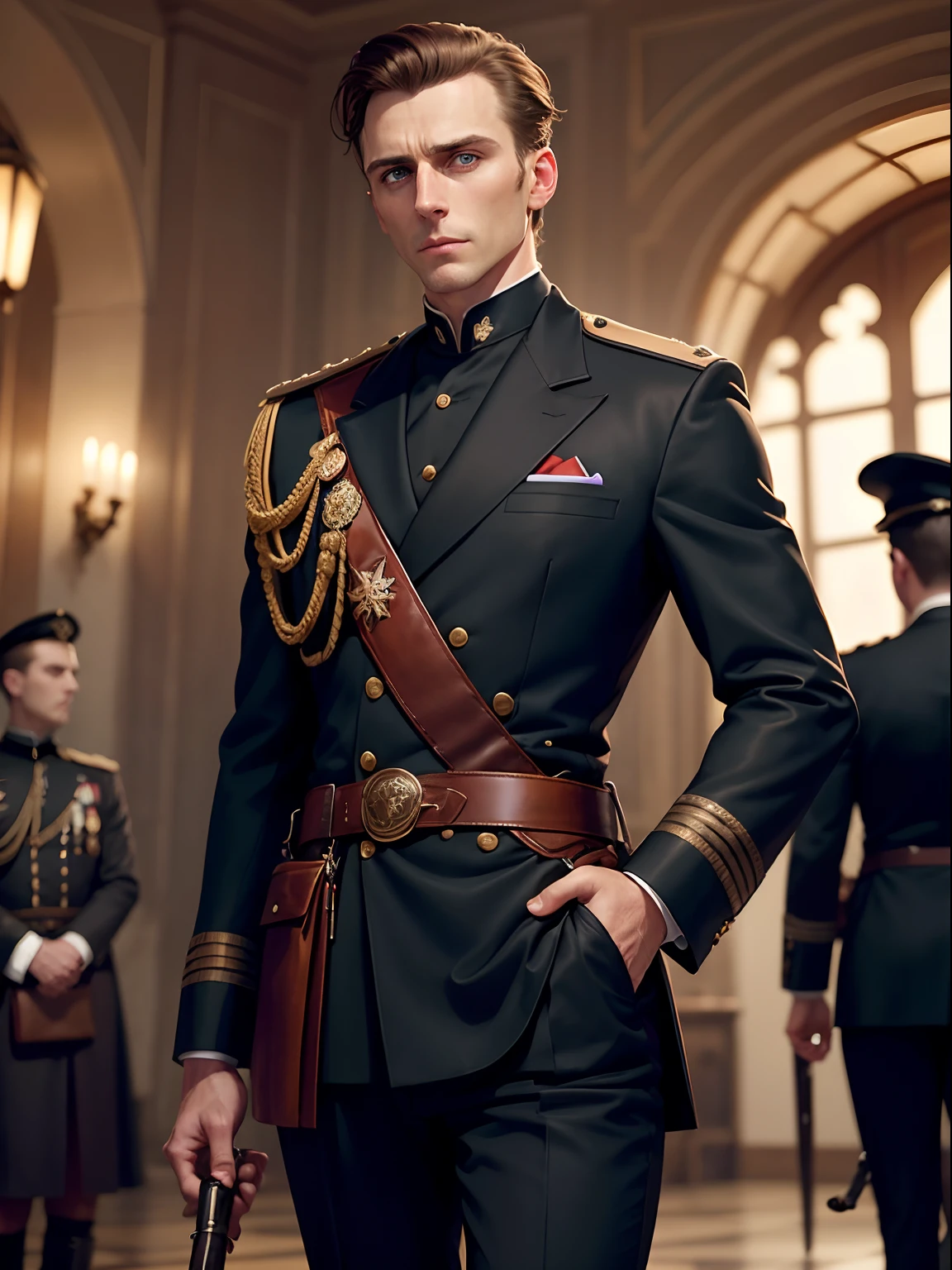 40 year old man, like Jack Farthing, unsmiling, arrogant look, blue eyes, neat brown hair with side parting, muscular, wearing plain unadorned black military uniform, red cravat, leather boots, holding glass tumbler of whisky, equipment belt with ceremonial sword scabbard, officers mess ball, women in party dresses, other men in similar uniform behind, out of focus, blurred, women in tight sequinned party dresses