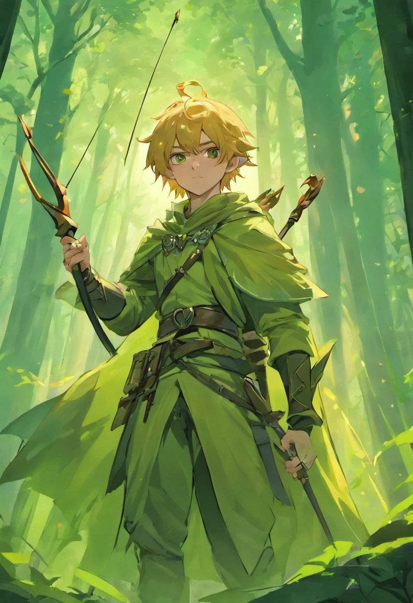 a close up of a man with a bow and arrow in a forest, male elf ranger, male wood elf rogue, epic fantasy d & d hobbit rogue, a male elf, backveiw picture of elf rogue, fantasy d&d character, with a green cloak, male blonde elf ranger, d & d fantasy character, portrait of a forest mage