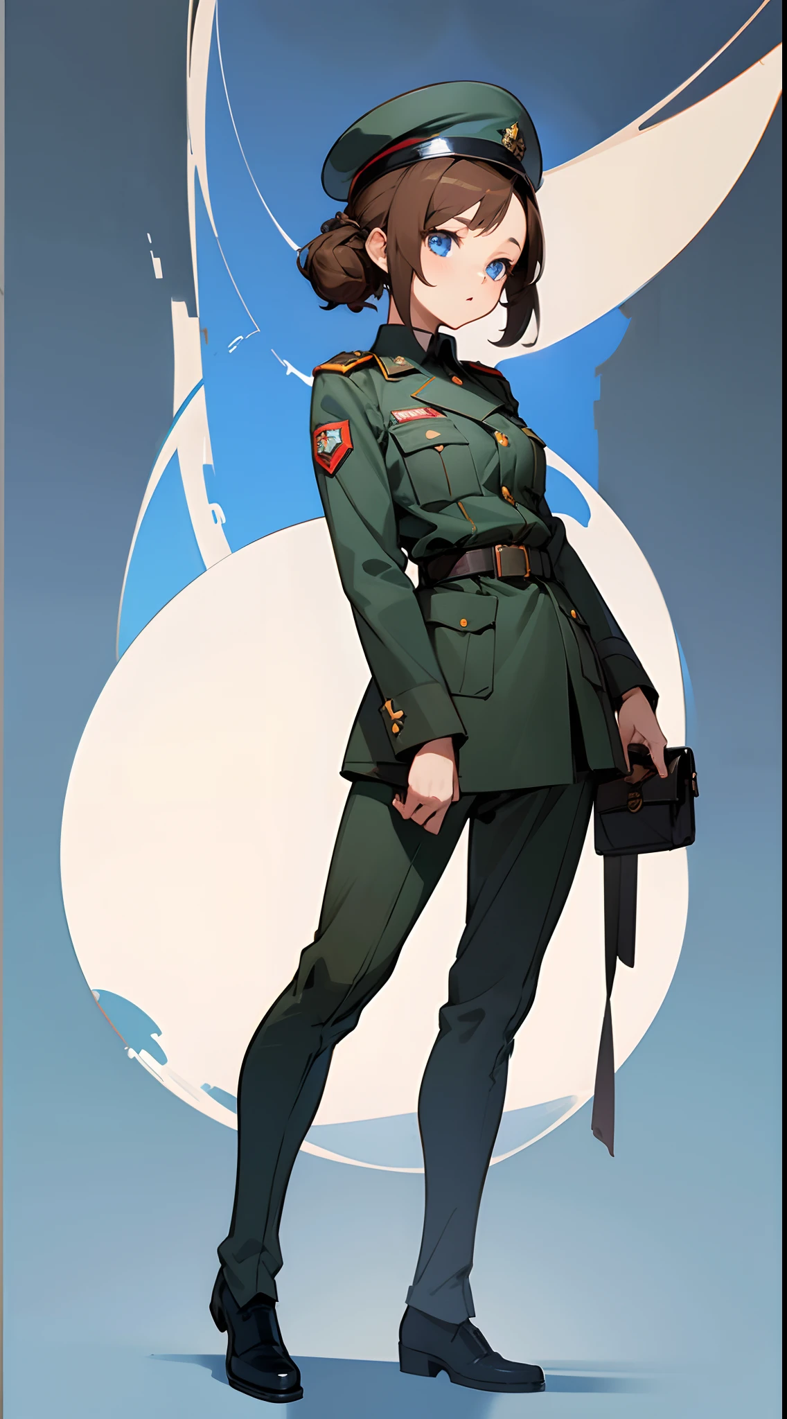1girl, Young, military uniform, Art for a visual novel, in full height, brown hair, super detaill, beautiful blue eyes, transparent background