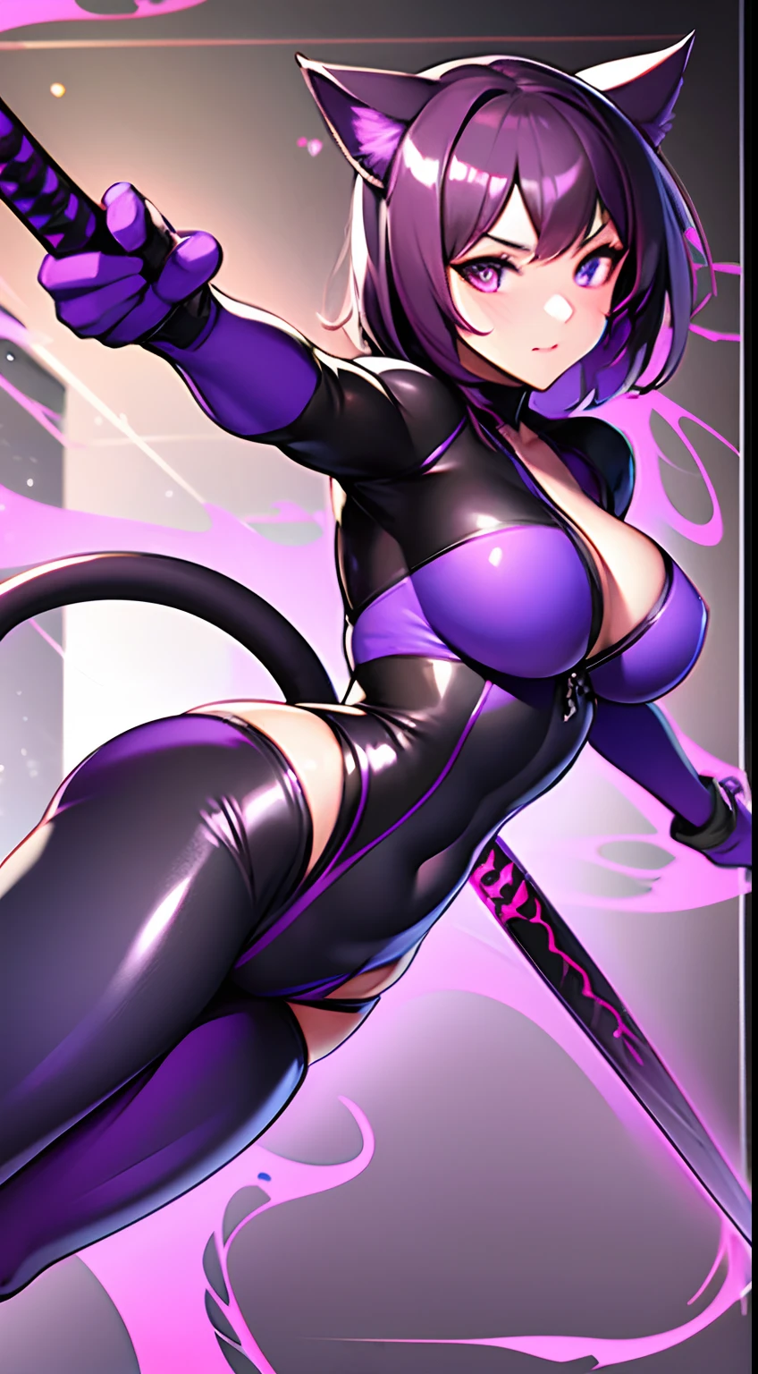 purple cat girl holding a ninja sword while wearing tight clothing