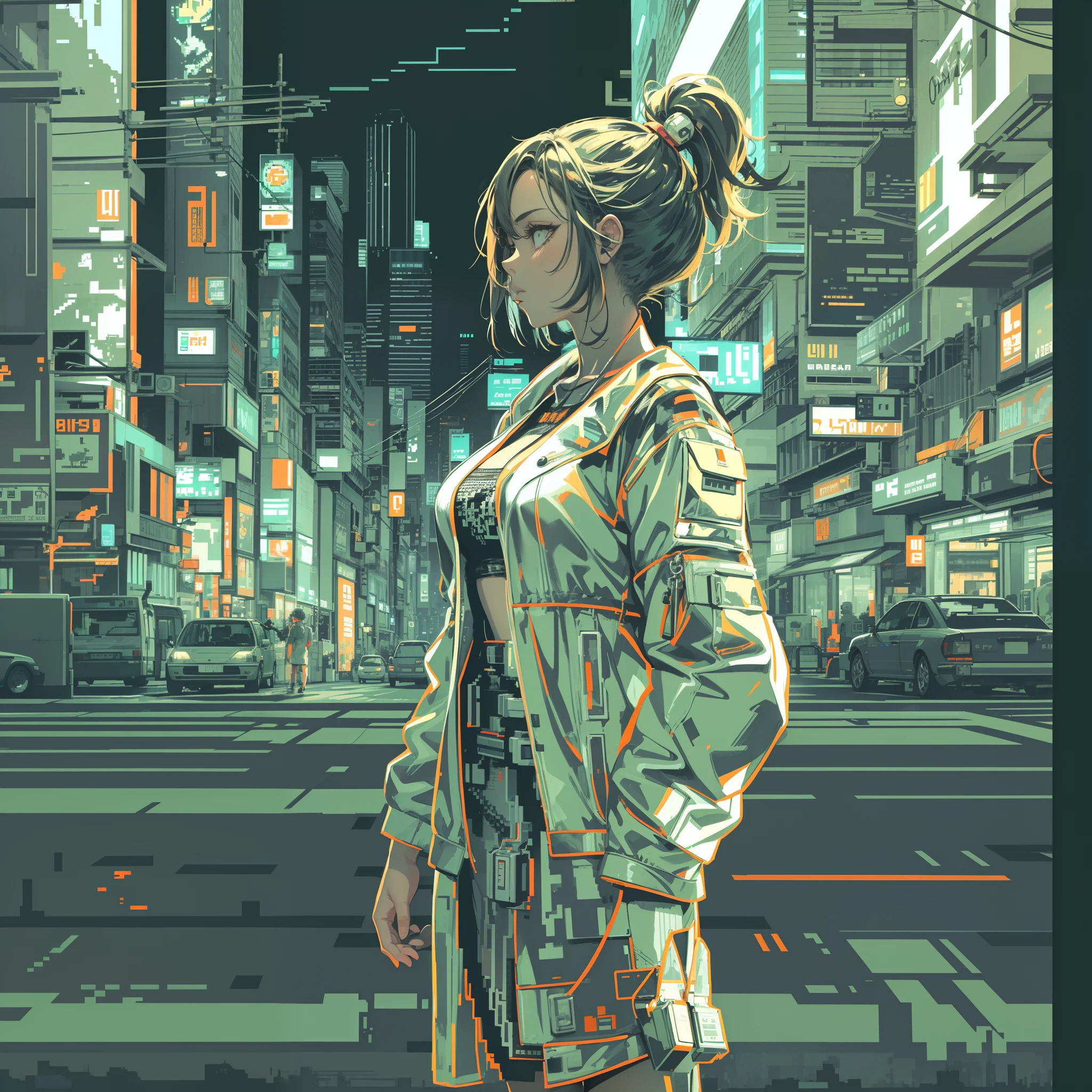 [Girl in white dress:5] exteriors，Cyberpunk streets, ascii art  (Pixel 8 bit style:1.1)，