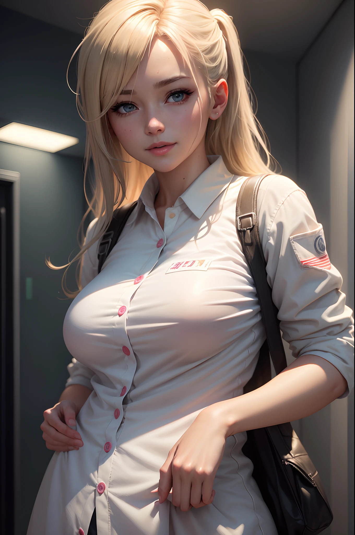 Beautiful mature blonde american woman、White nurse uniform、((Slimed、小柄))、Pink cardigan　Have a medical record　a smile　Photorealsitic、a picture、​masterpiece、reallistic、真实感、photorealisim、High contrast、Photorealistic Art Station Trend Digital Art 8k HD High Resolution Explanation Real, detaileds, Skin Texture, ultra-detailliert, realistic skin textures, armature, top-quality, 超A high resolution, (Photorealsitic:1.4),, hight resolution, detaileds, Raw foto, Sharp Re, Nikon D850 Film Stock Photo by Lee Jefferies 4 Kodak Portra 400 Camera F1.6 lenses rich colors hyper realistic lifelike textures dramatic lighting unreal engine artstation trends synestil 800,