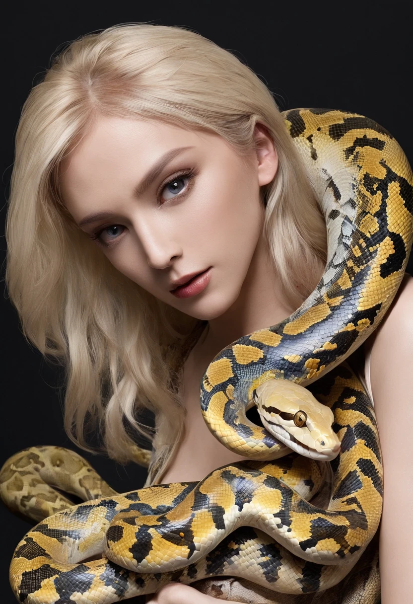 very attractive 25 year old girl with long platinum blonde hair, a beautiful woman lying with many snakes, intricate snake coils and curves, alluring pose, erotic expression, detailed snake scales, graceful intertwining, mesmerizing eyes, mysterious atmosphere, dark background, vibrant colors, mystical lighting, dramatic contrast of light and shadow, photo quality
