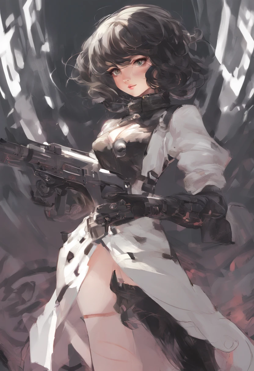 a young girl with curly, short to medium hair, who is an avid lover of art, cats, the color black, artwork should also incorporate her passion for playing shooter games, make sure to emphasize her cute and playful personality in the artwork