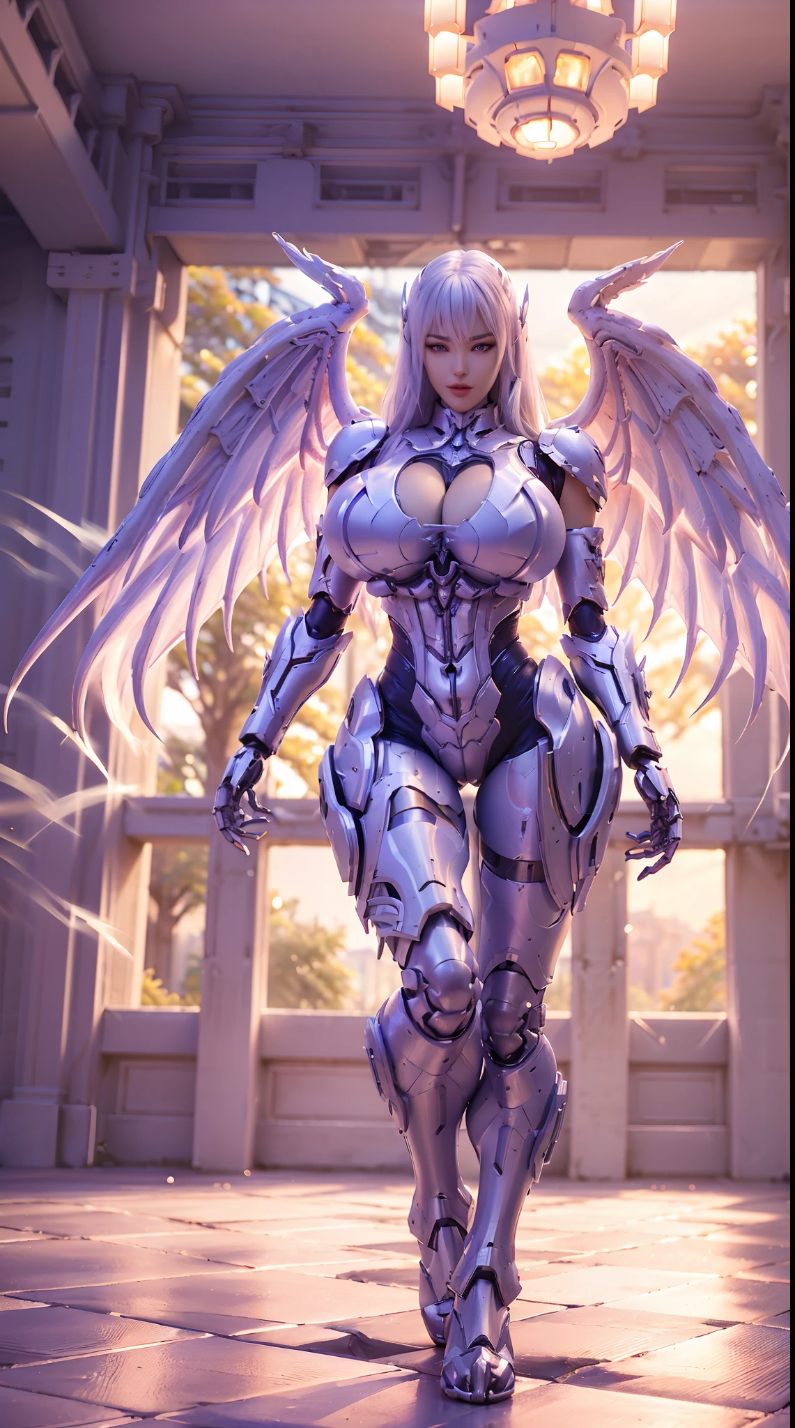 (DRAGON HEAD), HUGE FAKE BOOBS, (BEAUTIFUL FACE), (WHITE HAIR), (WHITE, PURPLE MECHA ARMORED GEAR), ((A PAIR OF HUGE MECHANICAL WINGS SPREAD OUT)), FUTURISTIC DRAGON MECHA SUIT, (CLEAVAGE), (SKINTIGHT YOGA PANTS), (SEXY LEGS), FRONT, (STANDING), SLENDER, SEXY BODY, MUSCLE ABS, UHD, 8K, 1080P.