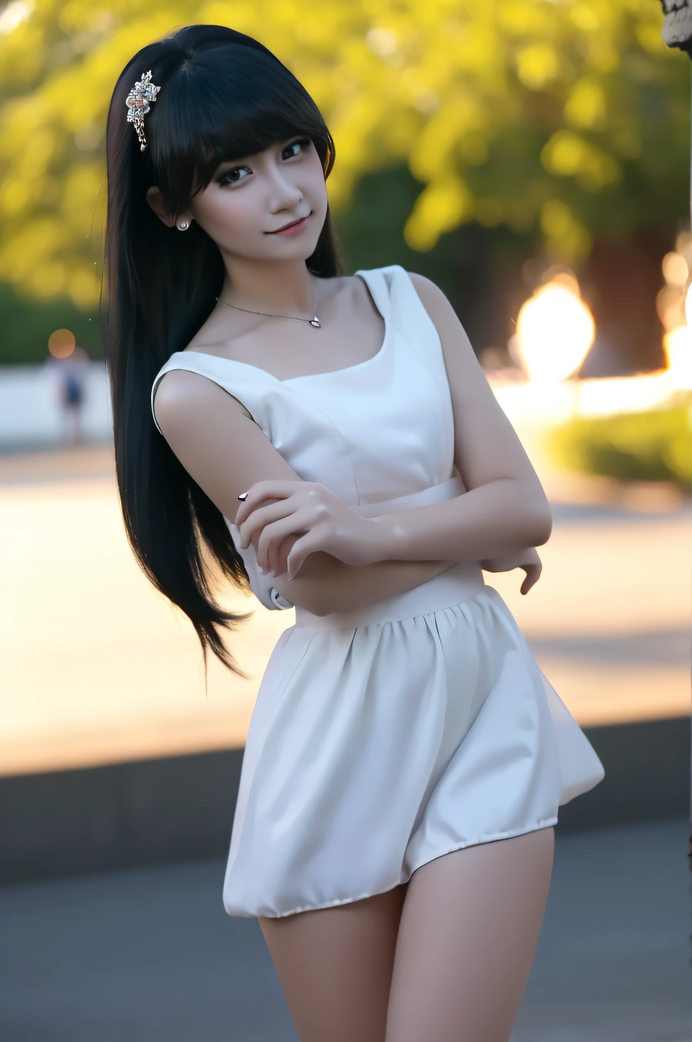 Female, 25 years old, Wearing a tight mini dress, style feminine, Standing font the mall, outdoor, wearing earrings, long black hair, upper body, close up, white skin, looking at camera, shy expression, little smile, Sunset, red polish nails, beautiful face, high quality, photorealistic, masterpiece