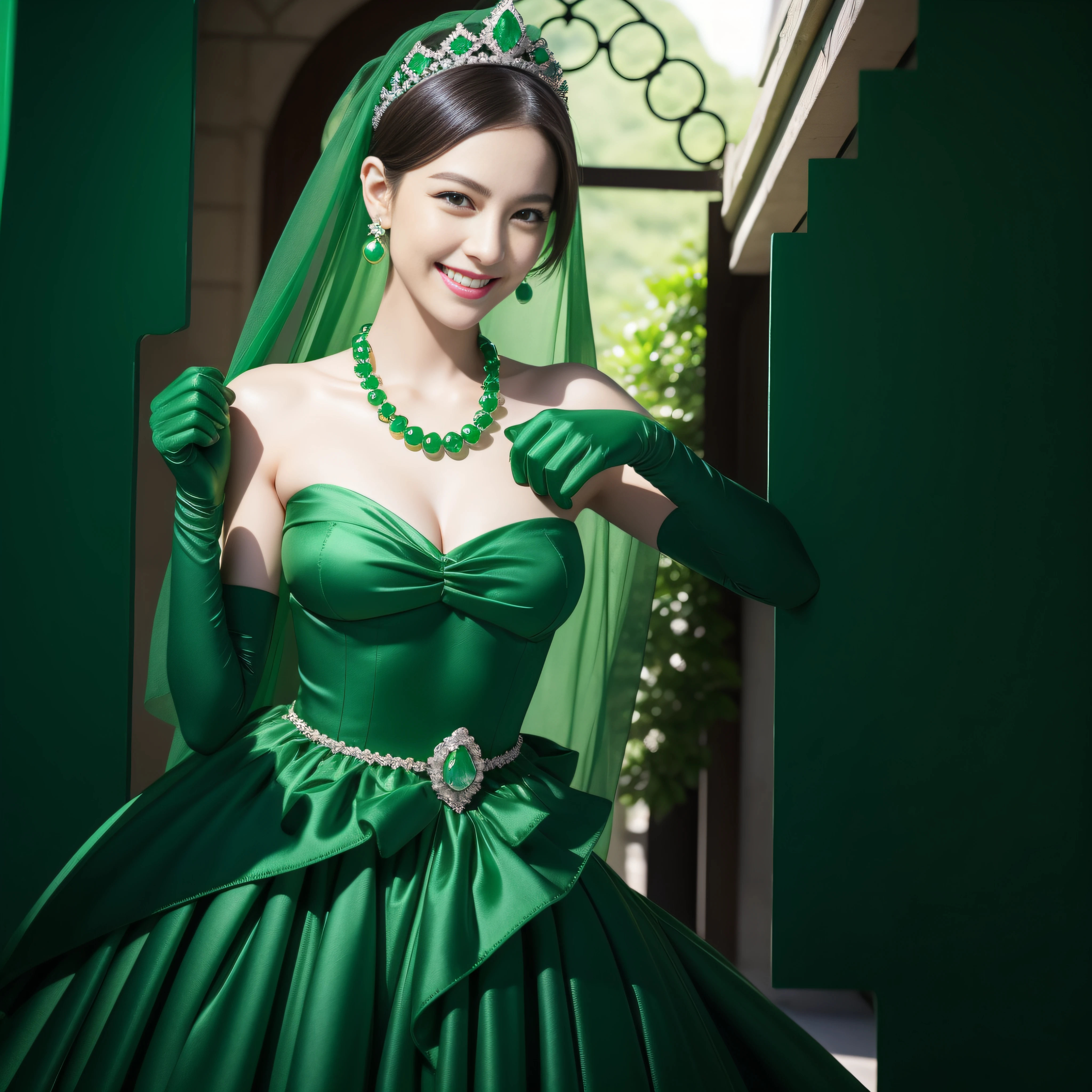 emerald tiara, Green Pearl Necklace, Boyish very short green hair, lipsticks, Japan woman smiling, very short short hair, big breasts beautiful, Green eyes, Long green gloves made of satin material, Green eyes, Emerald Earrings, Green dress