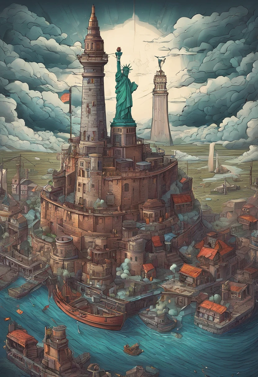 steampunc，((A steel fortress floating in the air))，dark stormy clouds，overcast day，((A Statue of Liberty))