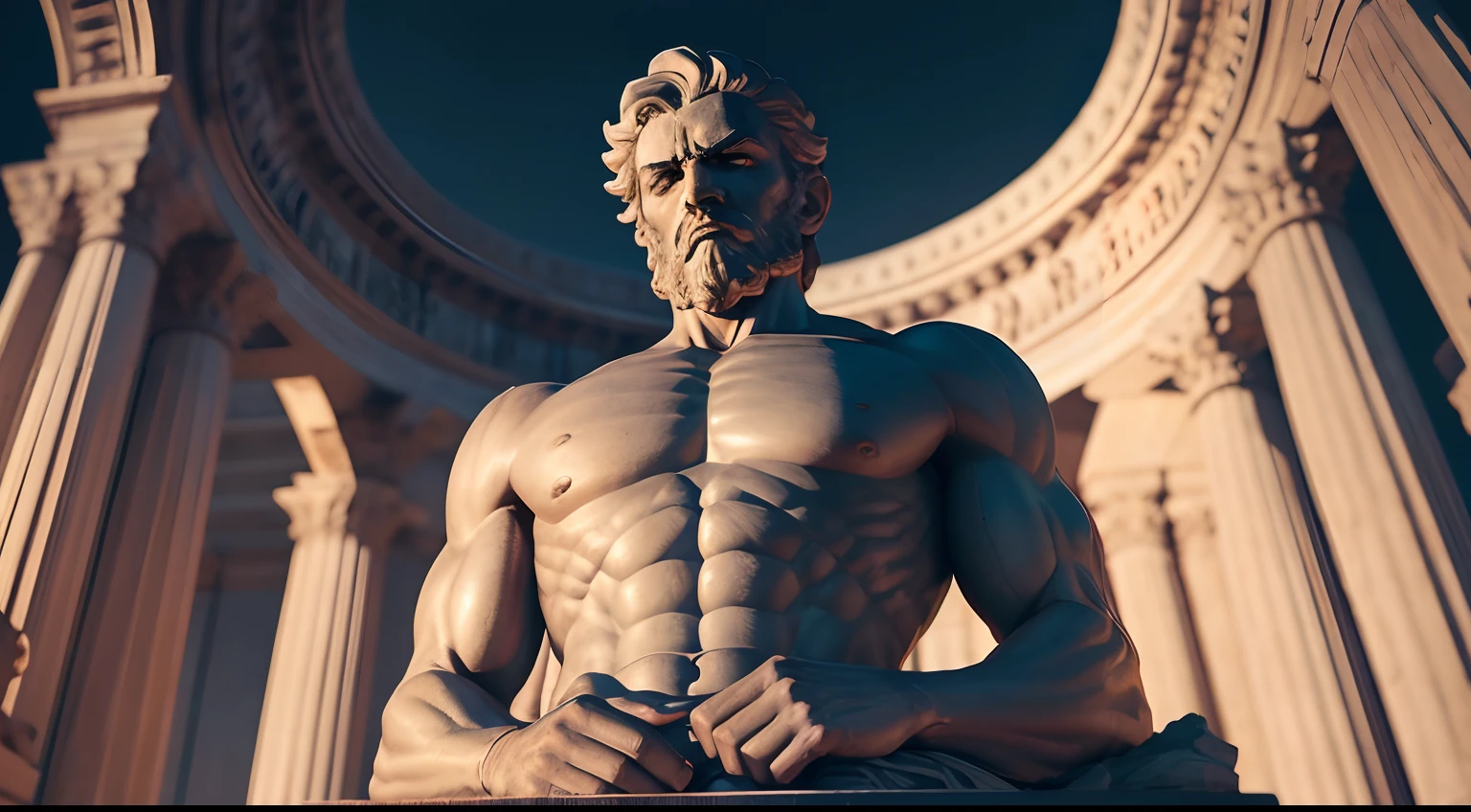 Strong Stoic statue, with an expression of anger, using tunica, noite escura, fundo grego antigo do templo, 35 mm, lateralmente, Filmado em Sony A7S III com Sony FE 35mm f/1.8, 12.1 MP, --AR 3:2 --estilo cru