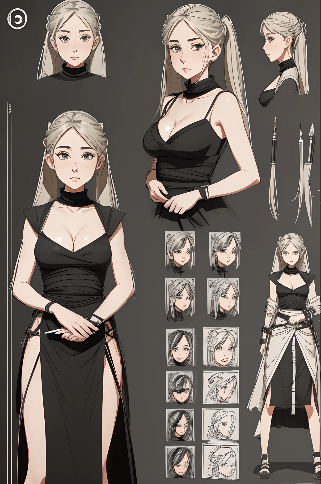 .raw, Masterpiece, detailed, Best Quality,UHD, Ultra-detailed,1Girl, (character sheet:1.5), lip, emotion, (Character design for animation:1.5),  (sketchpad:1.5), navels, cleavage,
Uneven_twintail,
Rick Owens(Rick Owens)wore a maxi dress with a V-neckline.,Film Overlay,