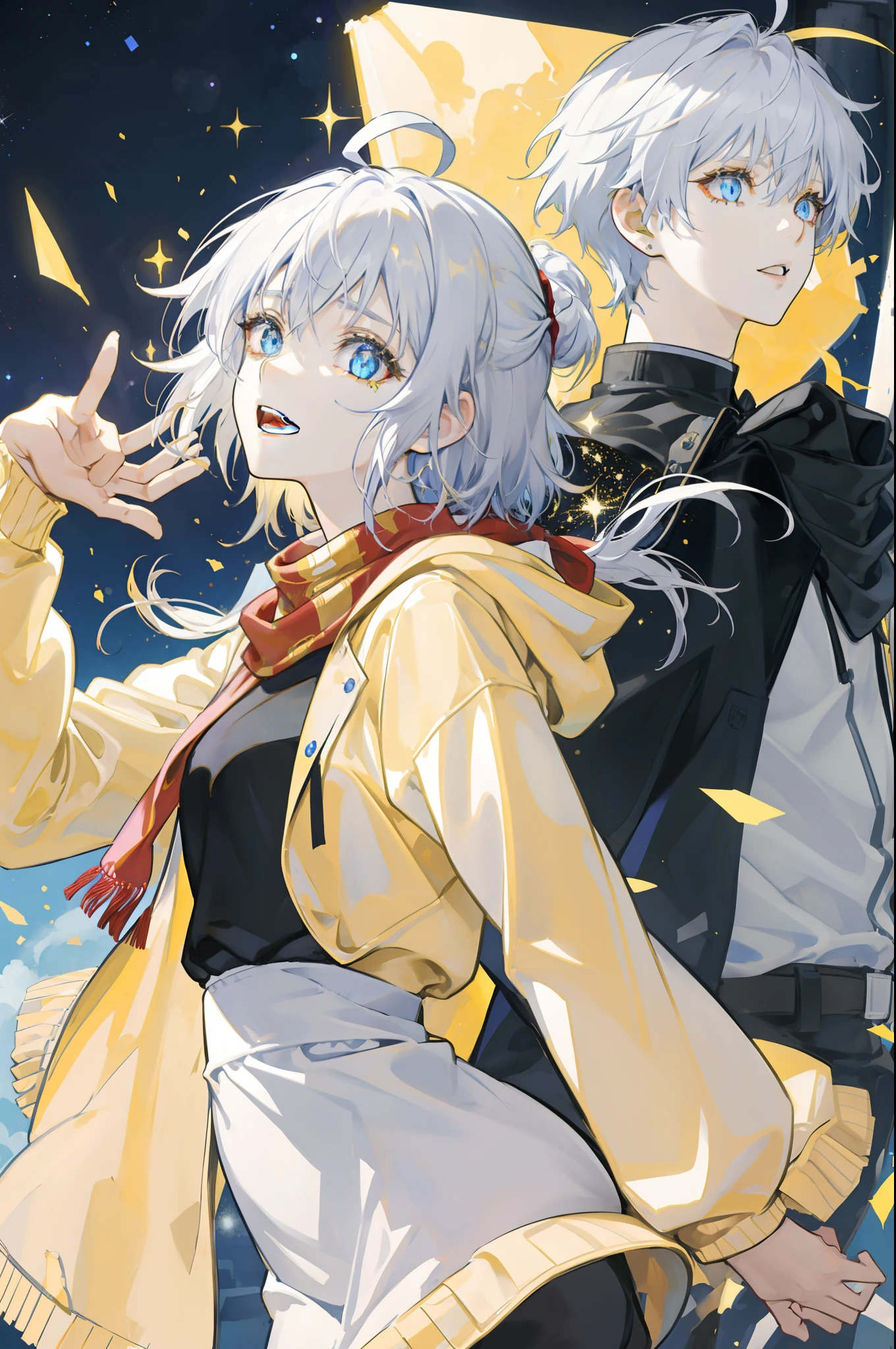 girl with messy white hair ,masterpiece, best quality, horikoshi kouhei , ((masterpiece, best quality)) , (1girl), (solo), (female focus), (ahoge, white messy hair, short hair), blue neon eyes, light smile, open mouth , galaxy , glitter , particle , wearing yellow hoodie , Black Roses on the ground, with a sad face , wearing a red scarf , arms behind back, dynamic angle