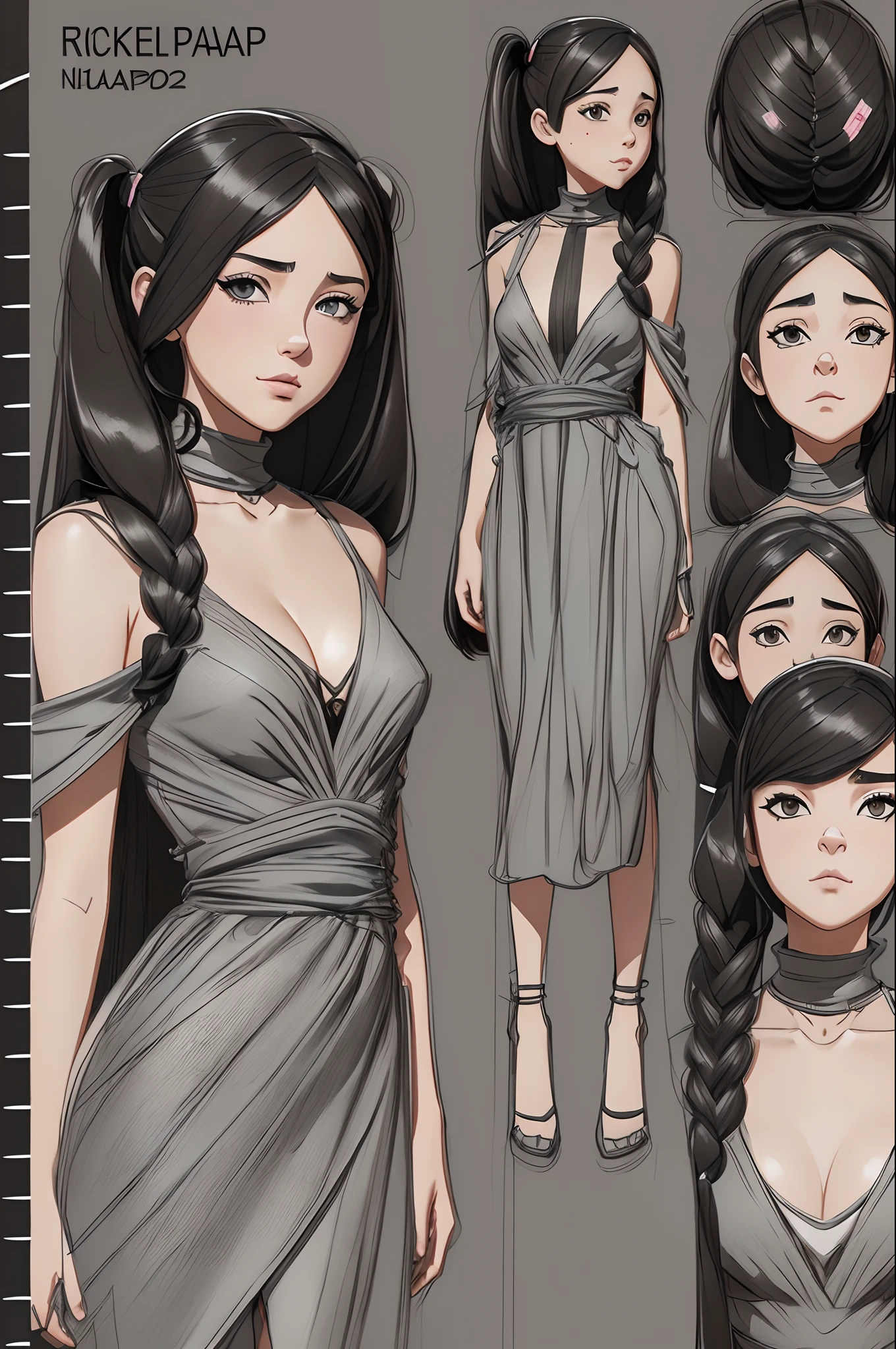 .raw, Masterpiece, detailed, Best Quality,UHD, Ultra-detailed,1Girl, (character sheet:1.5), lip, emotion, (Character design for animation:1.5),  (sketchpad:1.5), navels, cleavage,
Uneven_twintail,
Rick Owens(Rick Owens)wore a maxi dress with a V-neckline.,Film Overlay,