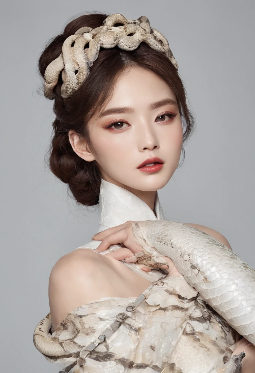 ((Korean female star)),in wedding dresses,Brown hair,cute face,lipstick,((With a large python)),The large python is wrapped around its neck