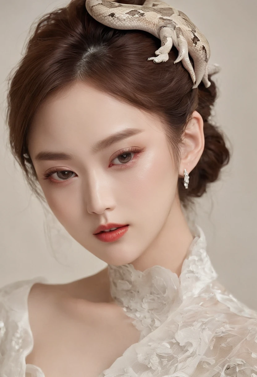 ((Korean female star))，in wedding dresses，Brown hair，cute  face，lipstick，((With a large python))，The large python is wrapped around its neck