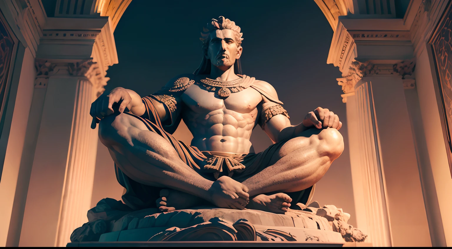 Strong Stoic statue, with an expression of anger, using tunica, noite escura, fundo grego antigo do templo, 35 mm, lateralmente, Filmado em Sony A7S III com Sony FE 35mm f/1.8, 12.1 MP, --AR 3:2 --estilo cru