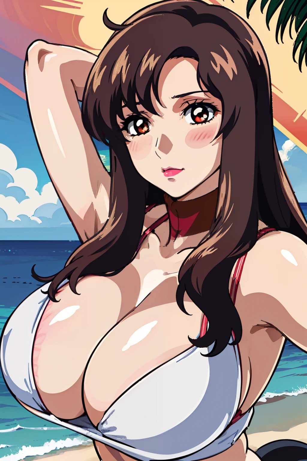 1woman, milf, bangs, brown_hair, long_hair, red eyes, lipstick, makeup, blush, huge breast, cleavage, bikini, arms up behind, upper body, (perfect anatomy, perfect detailed, shiny skin, beautiful hair, beautiful face, beautiful eyes, beautiful breast), (thick outline, black outline), sunshine, beach,