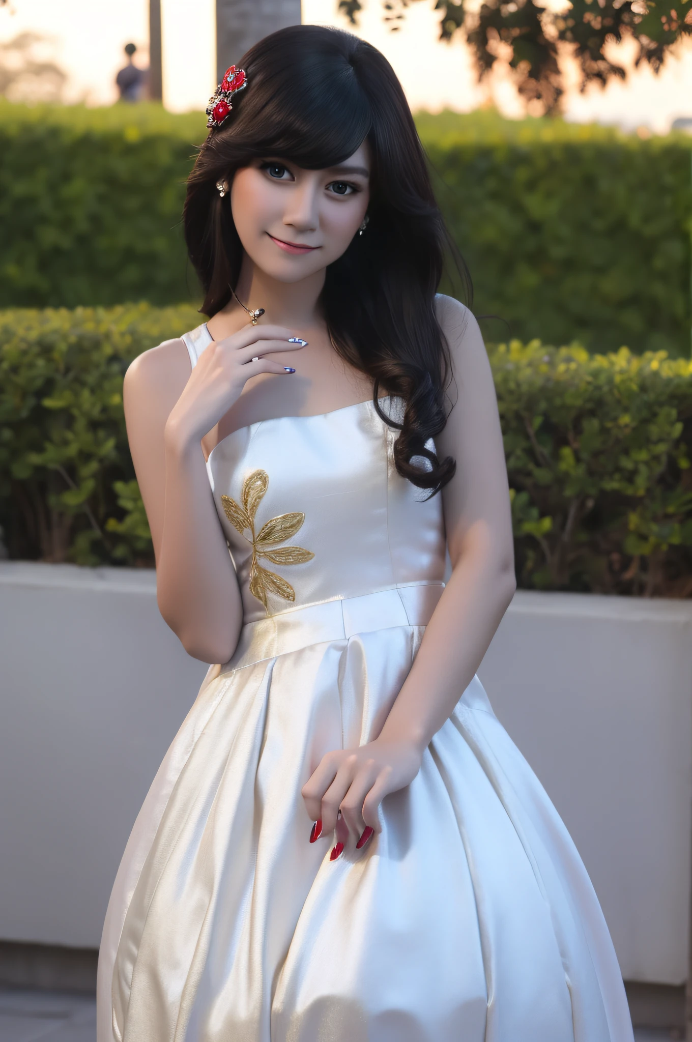 Female, 25 years old, Wearing a royal mini dress, style feminine, Standing font the mall, outdoor, wearing earrings, long black hair, upper body, close up, white skin, looking at camera, shy expression, little smile, Sunset, red polish nails, beautiful face, high quality, photorealistic, masterpiece