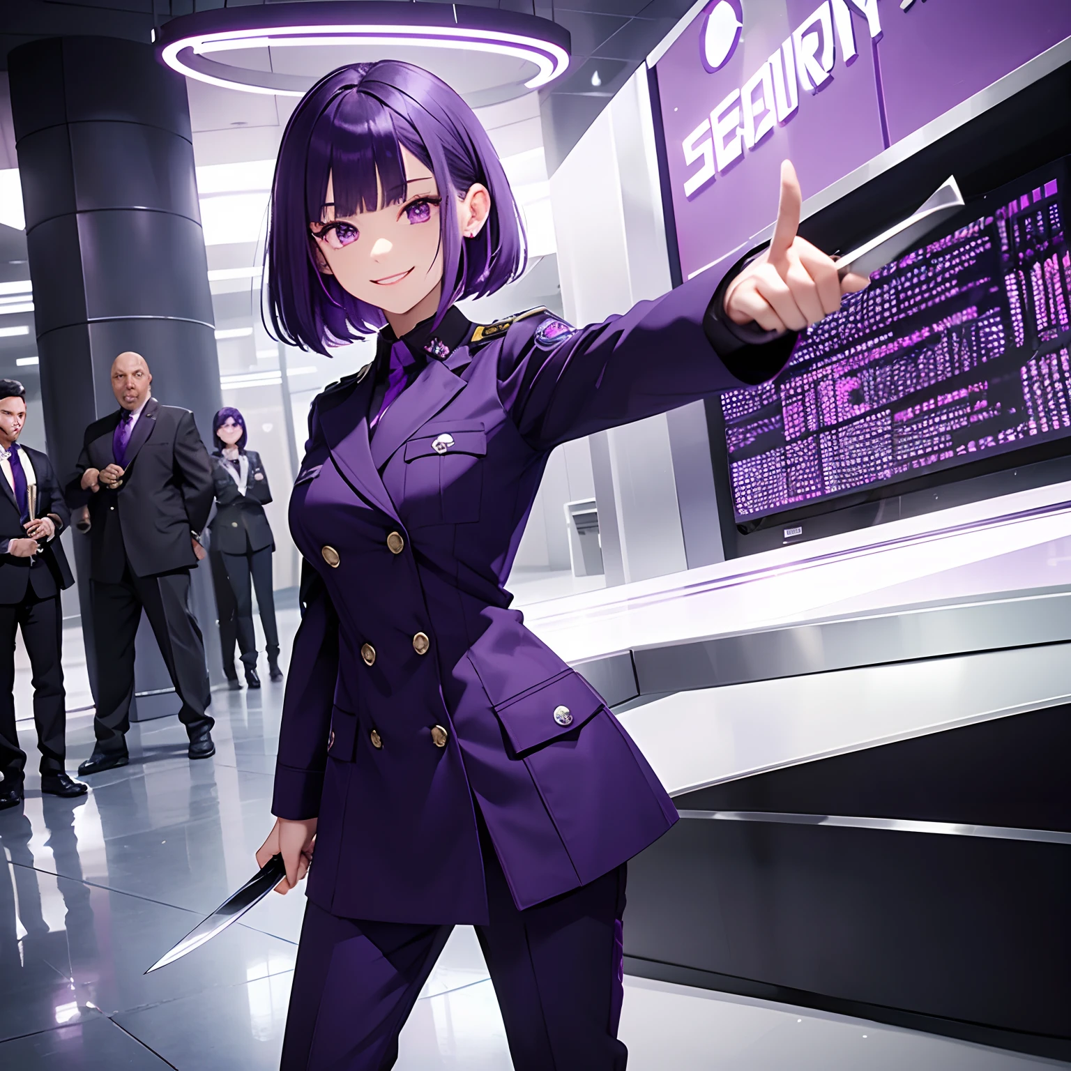 short girl (with purple eyes), security guard uniform (purple color), purple hair (while smiling with a knife in hand) --auto